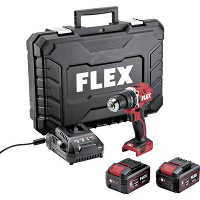 Een accuboormachine set inclusief een boormachine, twee batterijen, een oplader en een draagtas gelabeld 'FLEX'.