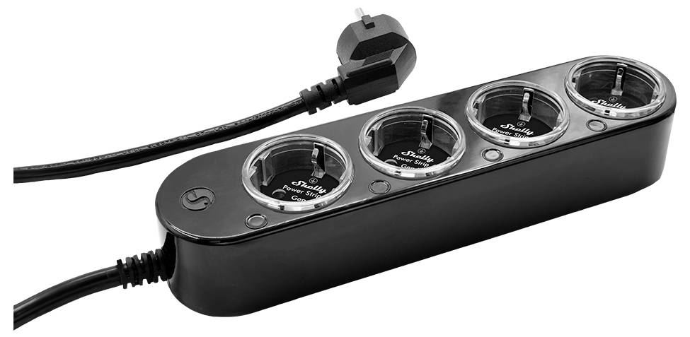 Zwarte 'Audioquad' stekkerdoos met vier transparante ronde stopcontacten en een zwarte stekker aangesloten op een snoer.