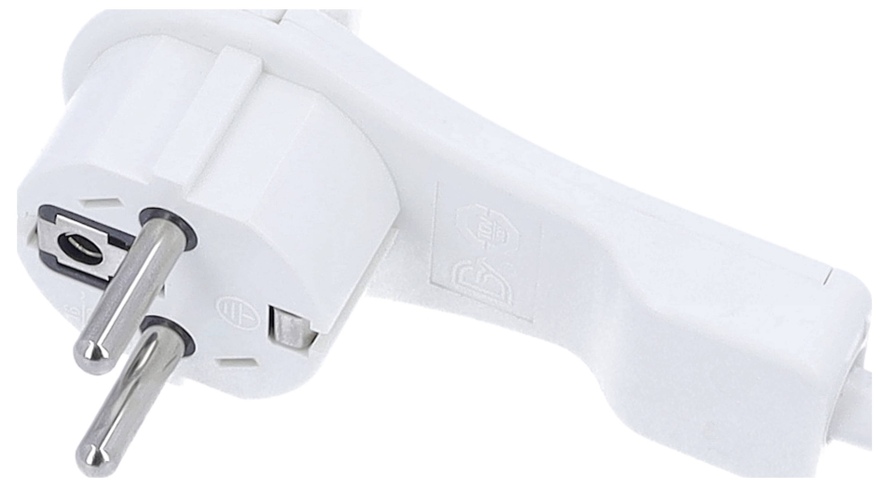 Een witte elektrische stekker met twee metalen pinnen, ontworpen voor Europese stopcontacten.