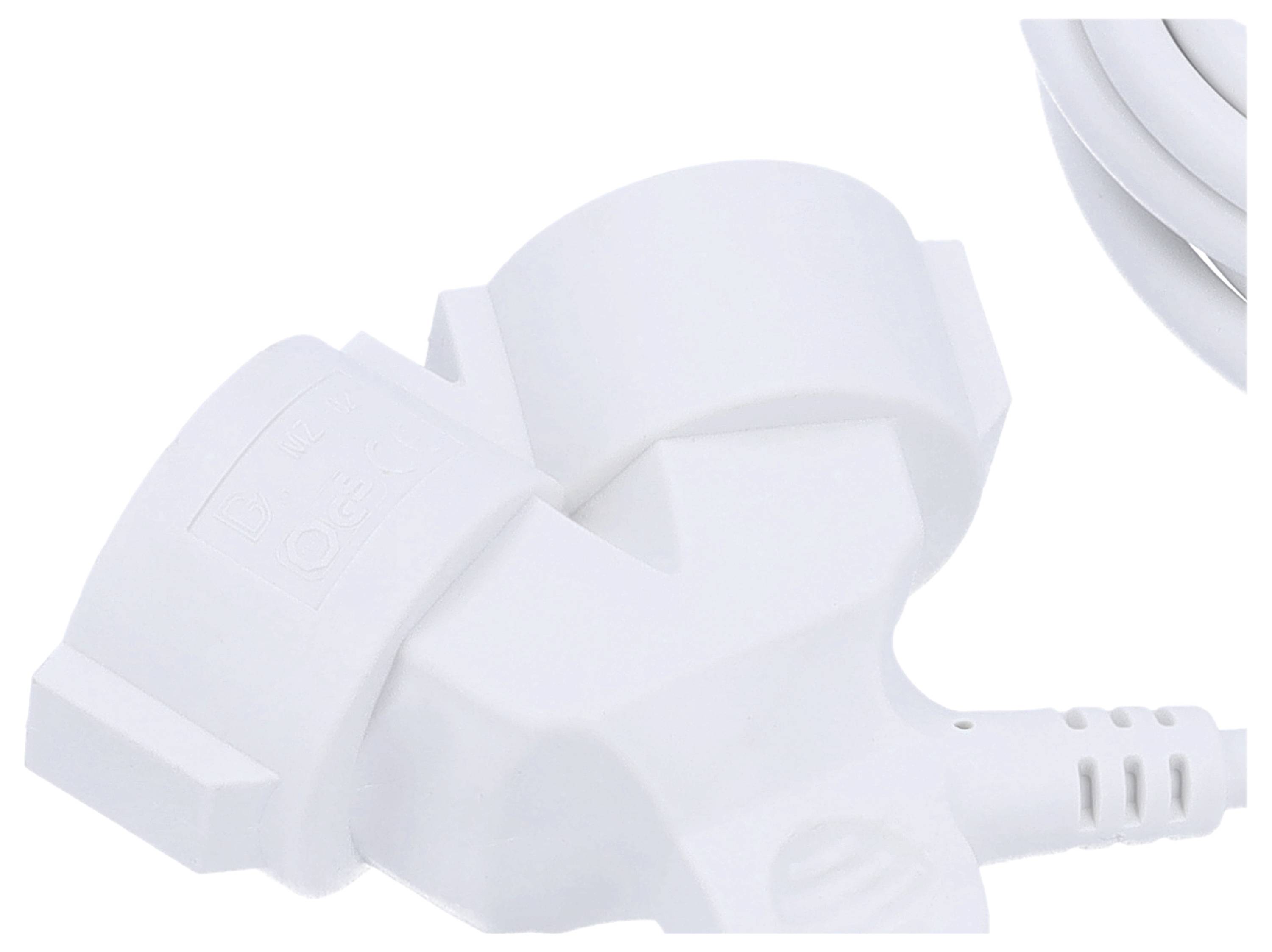 Close-up van een witte elektrische connector met cilindrische kenmerken, waarbij een deel van een gecoiled kabel op de achtergrond zichtbaar is.