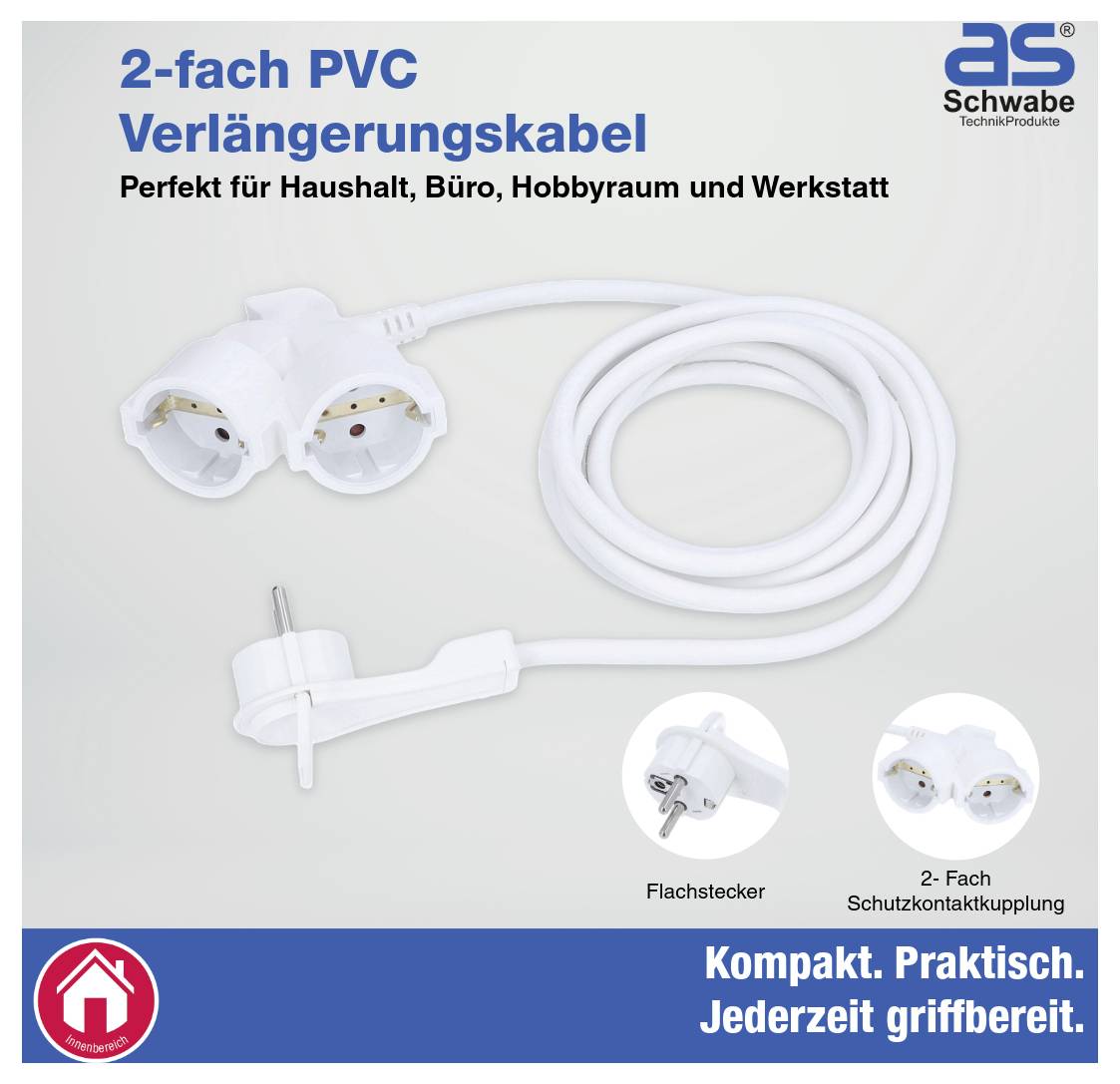 2-voudige PVC-verlengkabel met twee stopcontacten, platte stekker en beschermende koppeling. Geschikt voor gebruik thuis en op kantoor. Compact en praktisch.