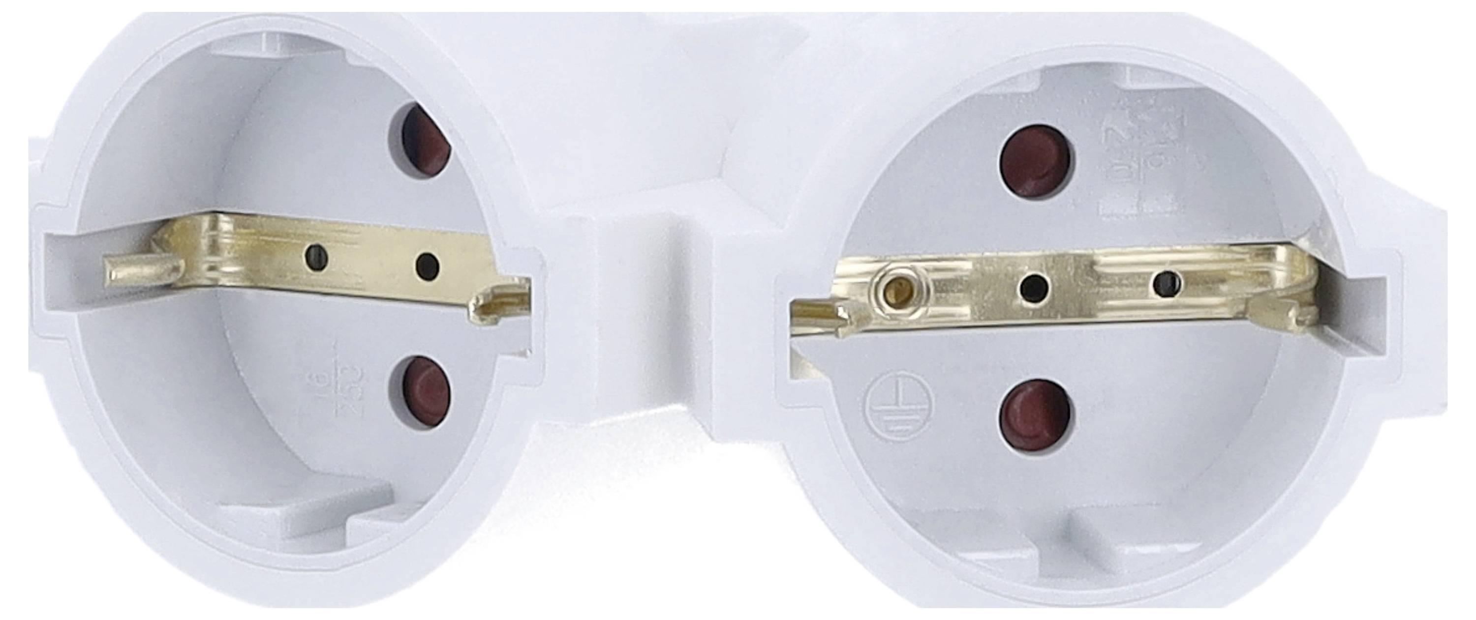 Een dubbele witte elektrische stekkerdoos met ronde openingen en gouden contactpunten, ontworpen om meerdere stekkerverbindingen mogelijk te maken.