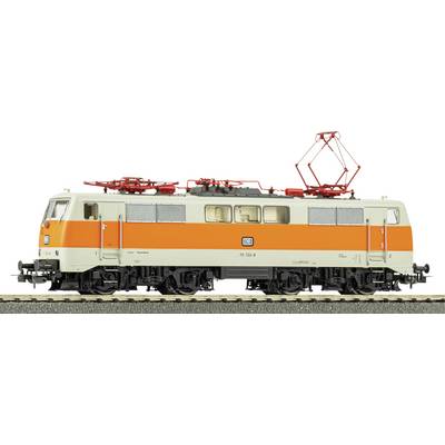 'Modeltreinen met een oranje en crème elektrische locomotief op een spoor.'