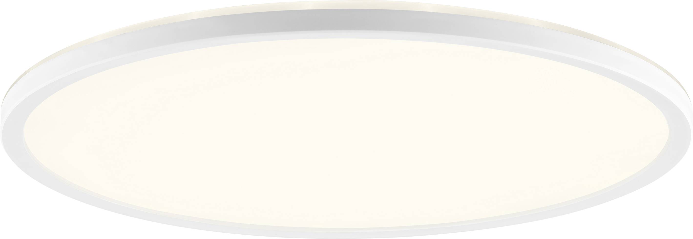 Een ronde, platte, witte plafondlamp met een zacht licht. Hij is gemonteerd tegen een effen plafond en verspreidt een egale, diffuse verlichting.