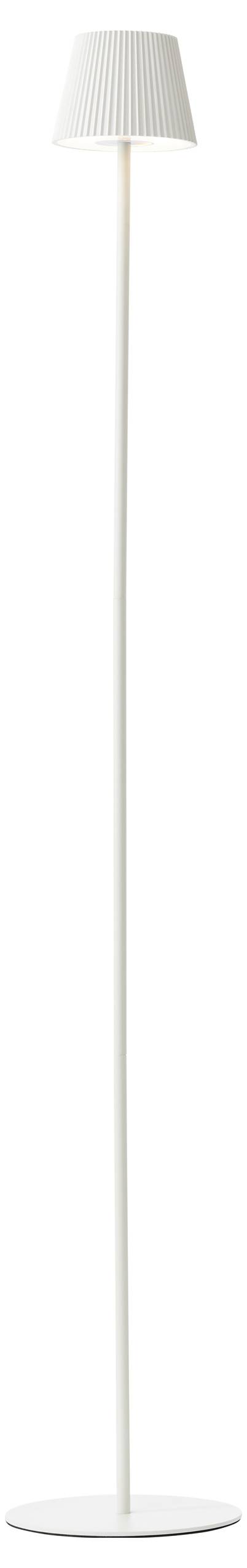 Een hoge, slanke witte vloerlamp met een ronde voet en een conische kap, ontworpen voor moderne minimalistische decoratie.