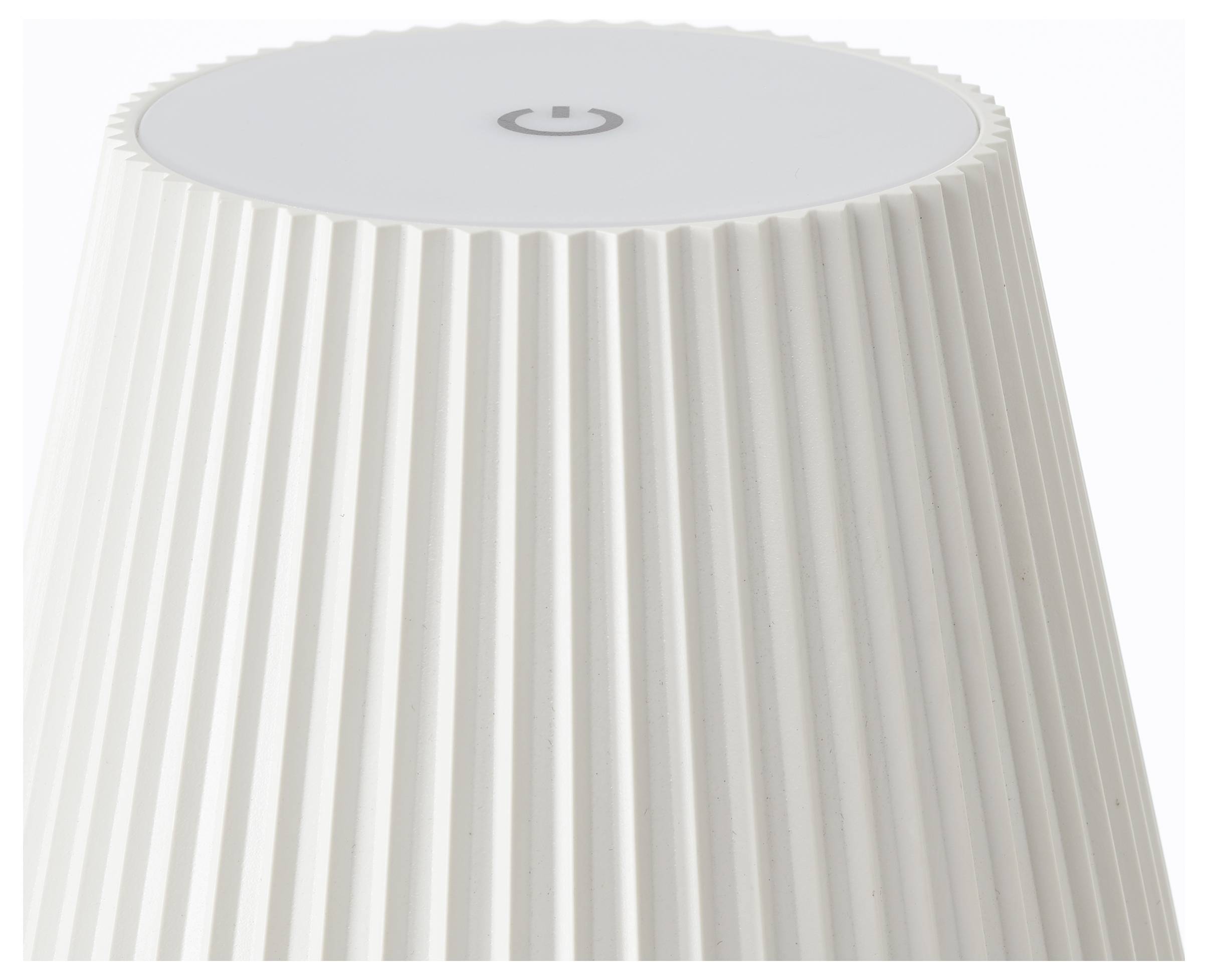 Witte tafellamp met een geplooide oppervlakte en een aan/uit-knop bovenop.