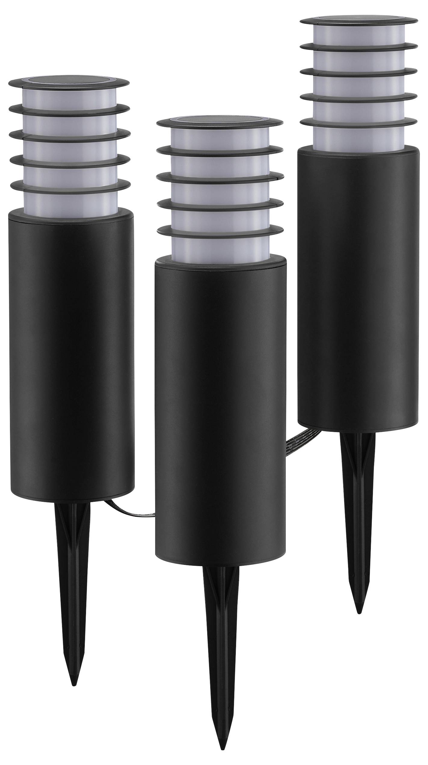 Drie zwarte buitenpadverlichting spikelampen met cilindrische behuizingen en horizontale geribde diffusers, ontworpen voor tuin- of padverlichting.
