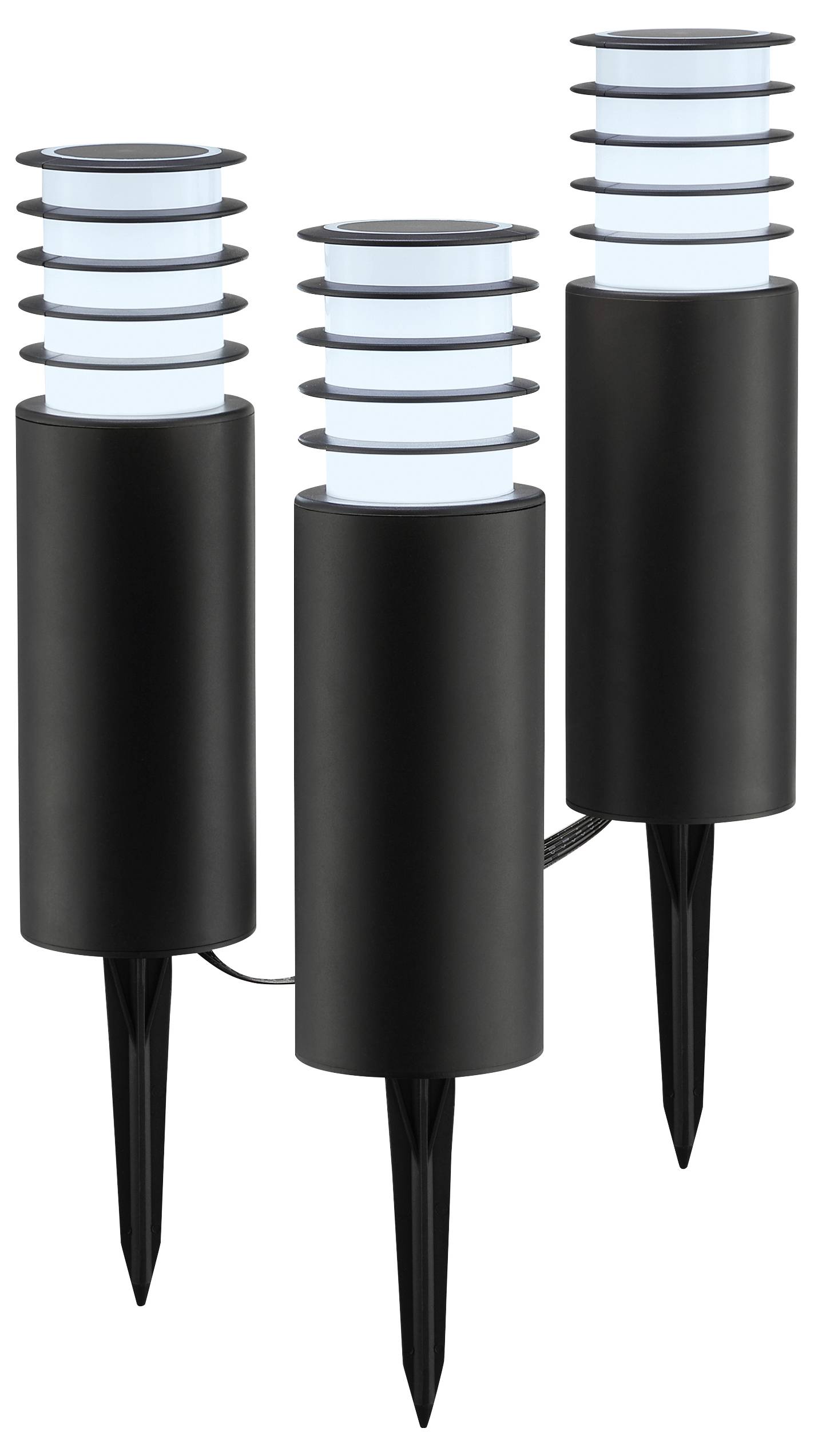 Drie strakke zwarte buitenpaden verlichting met cilindrische voeten en gelaagde doorschijnende bovenkanten, verbonden door een kabel, geschikt voor tuindecoratie.