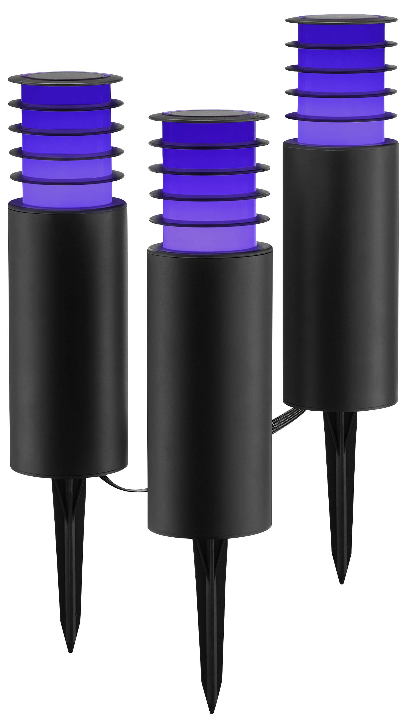 'Drie zwarte tuinlampen met blauwe accenten, elk gemonteerd op pennen voor buiteninstallatie.'