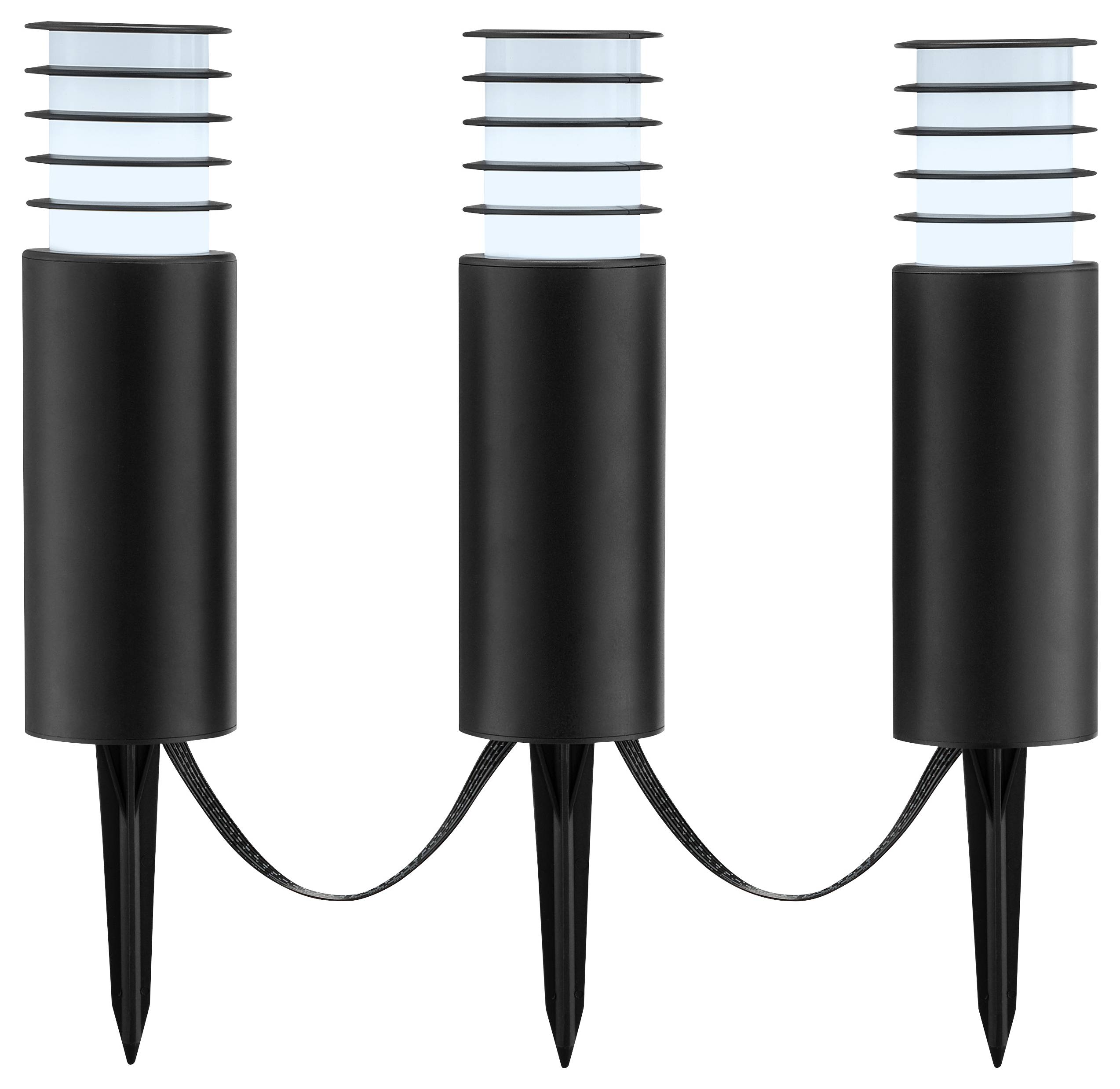 Drie zwarte buitenpadverlichtingsarmaturen met cilindrische bovenkanten en pennen, verbonden door een kabel, ontworpen voor tuinverlichting.