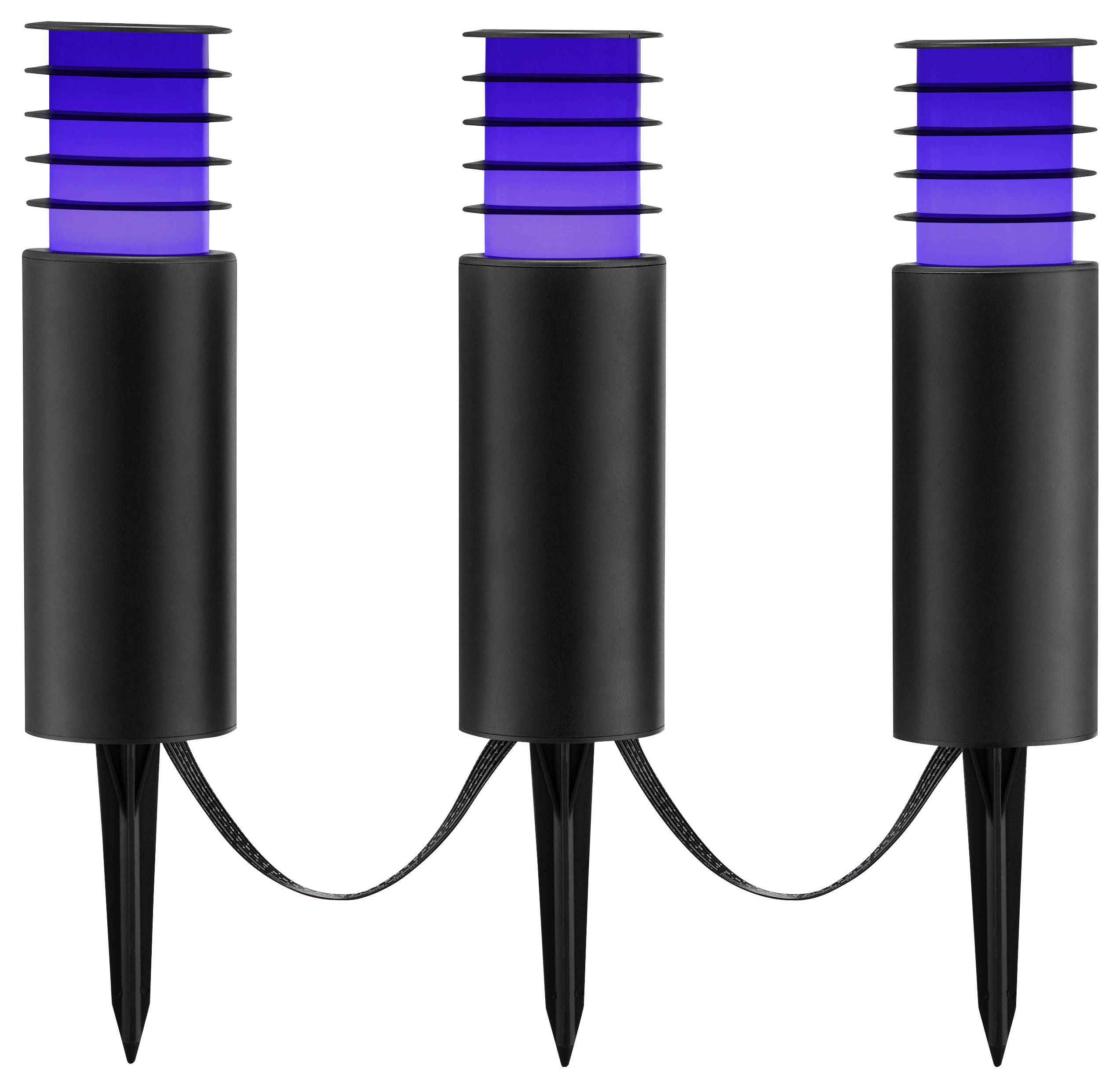 'Drie zwarte staande buitenlampen met blauwe bovenkanten, verbonden door een kabel, ontworpen voor buitenverlichting.'