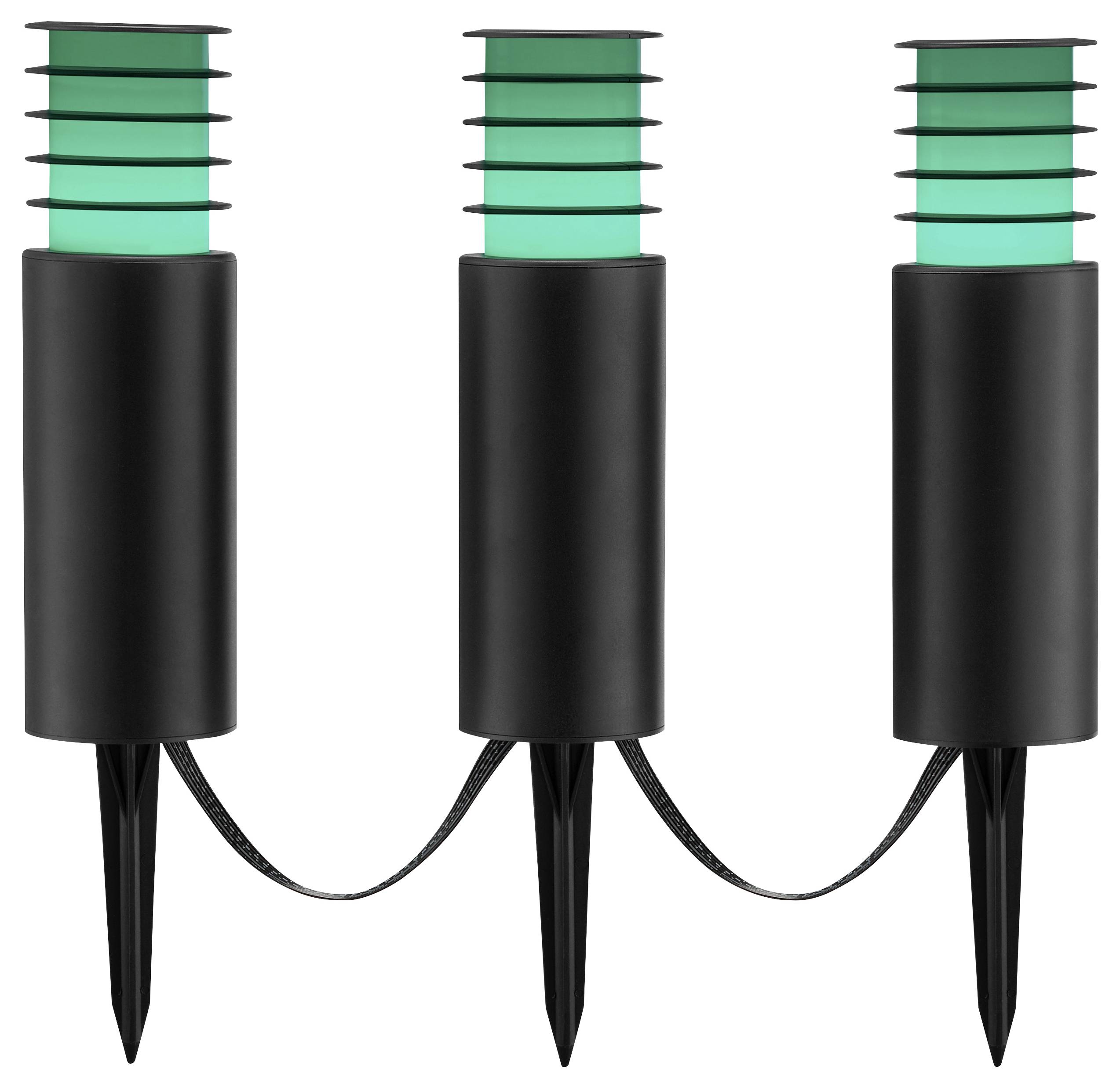 Drie zwarte buitenpadverlichting zijn met elkaar verbonden door een kabel. Elke lamp heeft een cilindrische voet en een oplichtende turquoise bovenkant.
