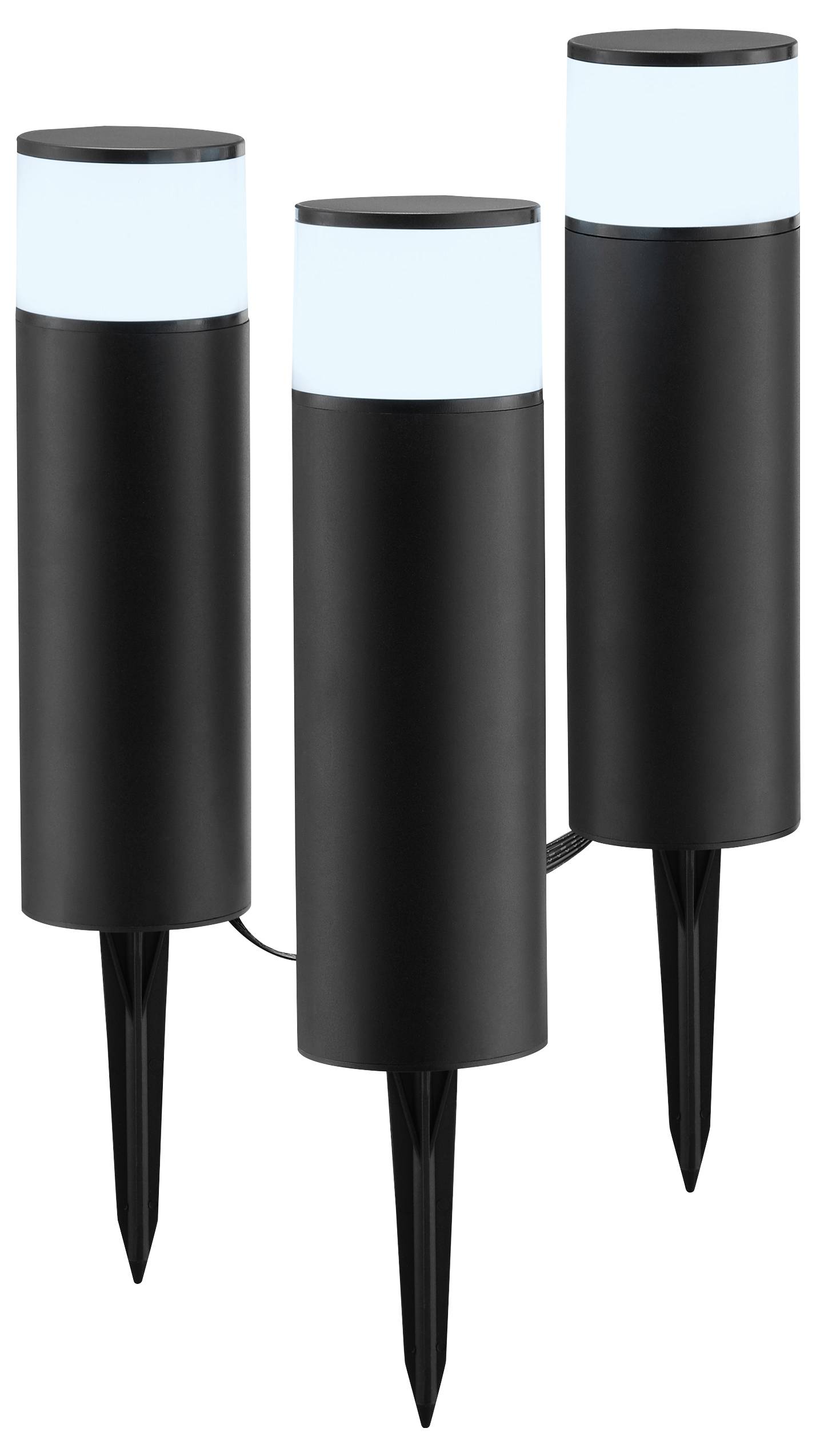 Drie zwarte cilindrische buitenverlichting met puntige pinnen, voorzien van matte glazen kappen voor zachte verlichting, ontworpen voor gebruik in de tuin.