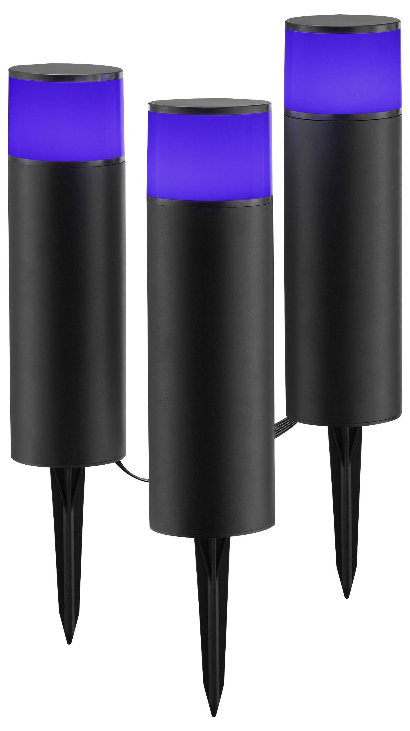 Drie zwarte cilindevormige buitenverlichting met blauwe bovenkanten, gemonteerd op pinnen voor plaatsing in de tuin.