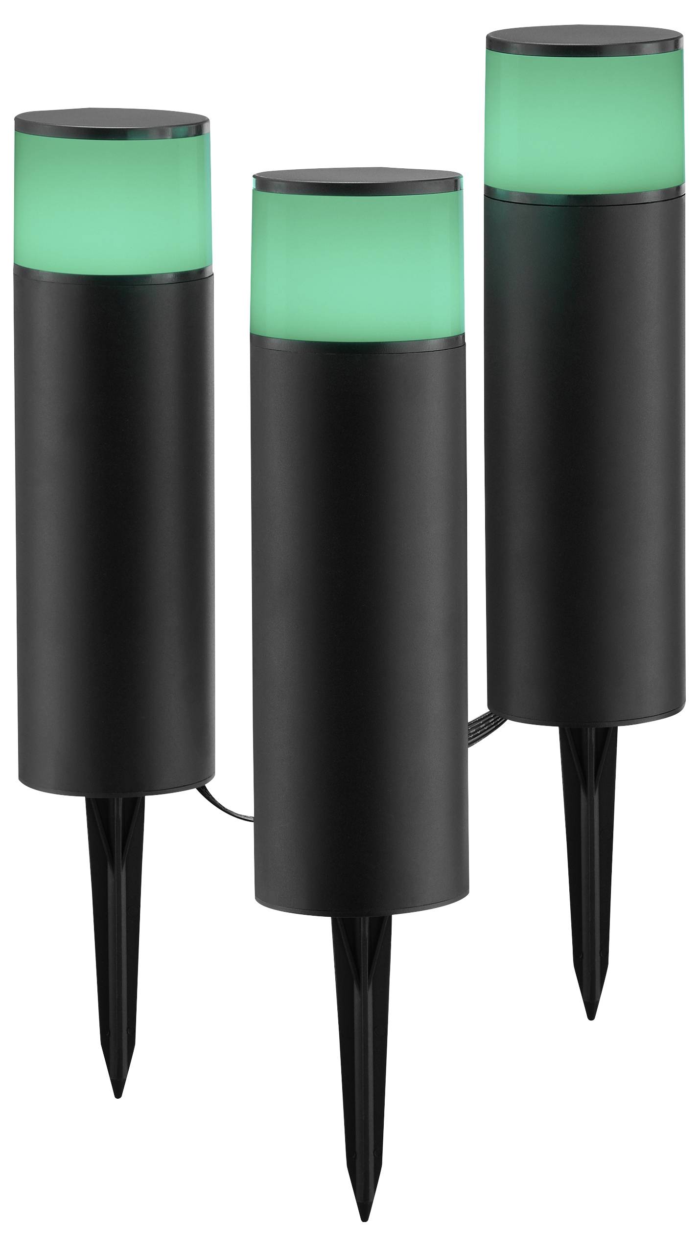Drie cilindrische zwarte tuinlampen met puntige bases, uitgerust met verlichte groene bovenkanten, geschikt voor buitendecoratie of padverlichting.