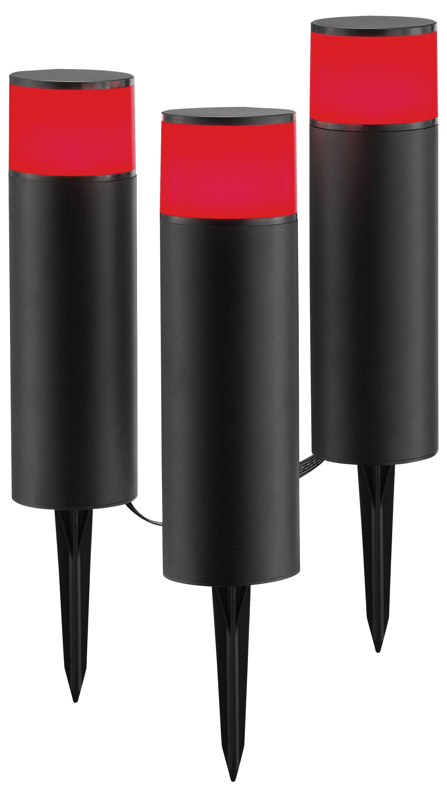 Drie zwarte cilindrische buitenlampen met rode glanzende toppen en puntige onderkanten voor grondinstallatie, verbonden door een snoer.