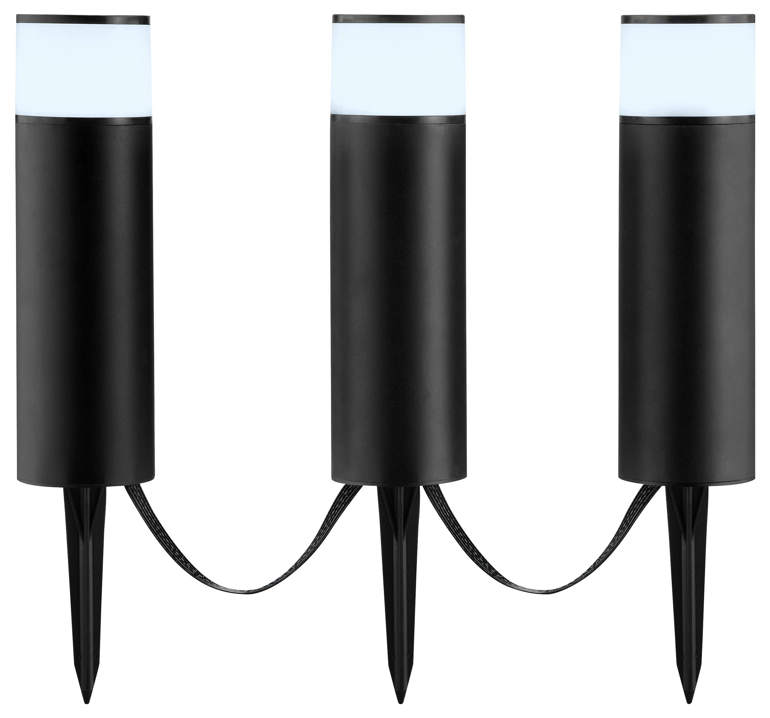 Drie zwarte buitenste LED-grondlampen met puntige staken en aansluitingen, met matglazen bovenkanten die zacht oplichten.