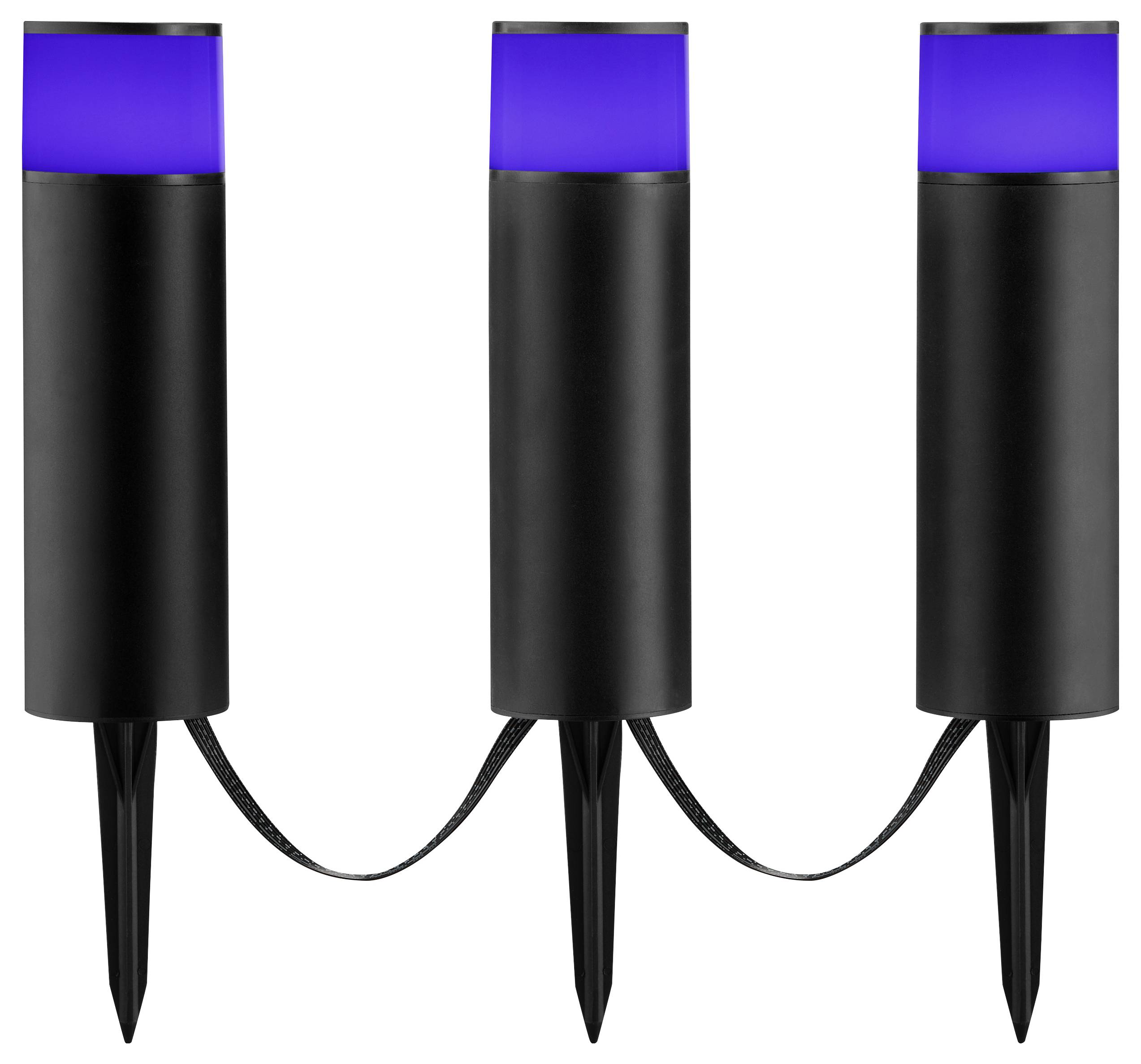 Drie verbonden zwarte tuinlampen met blauwe bovenkanten, ontworpen voor buitengebruik, elk op een pin voor grondinstallatie.