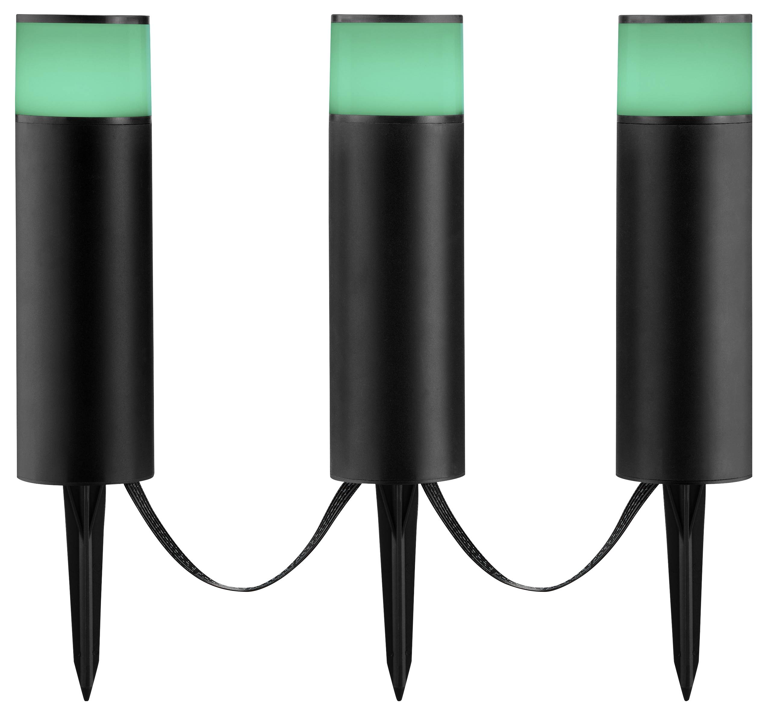 Drie zwarte buitenverlichting met groene bovenkanten, verbonden door kabels, ontworpen voor tuin- of padverlichting.