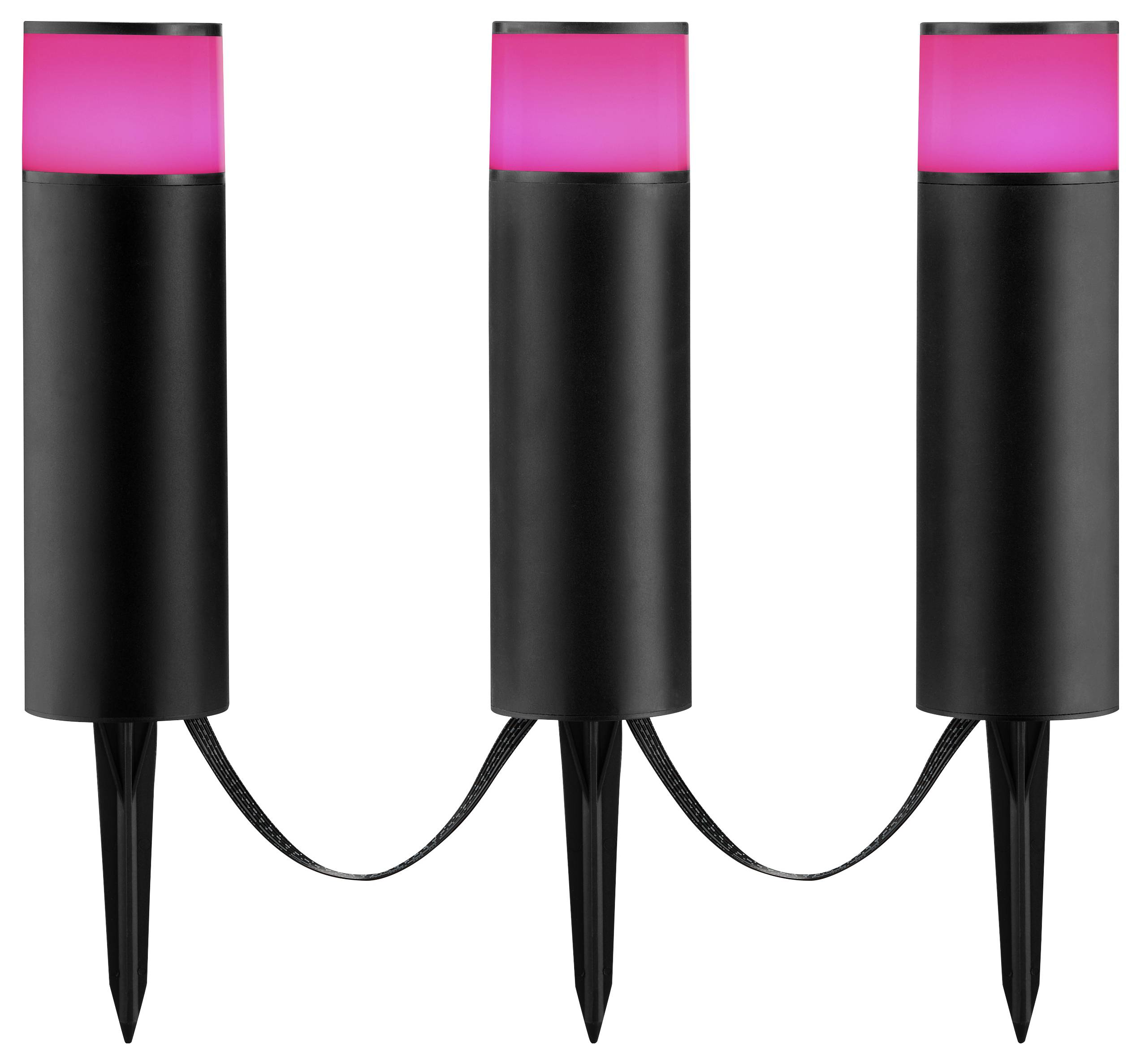 Drie zwarte, cilindrische buitenlampen verbonden door een kabel, elk bekroond met een gloeiend roze gedeelte.