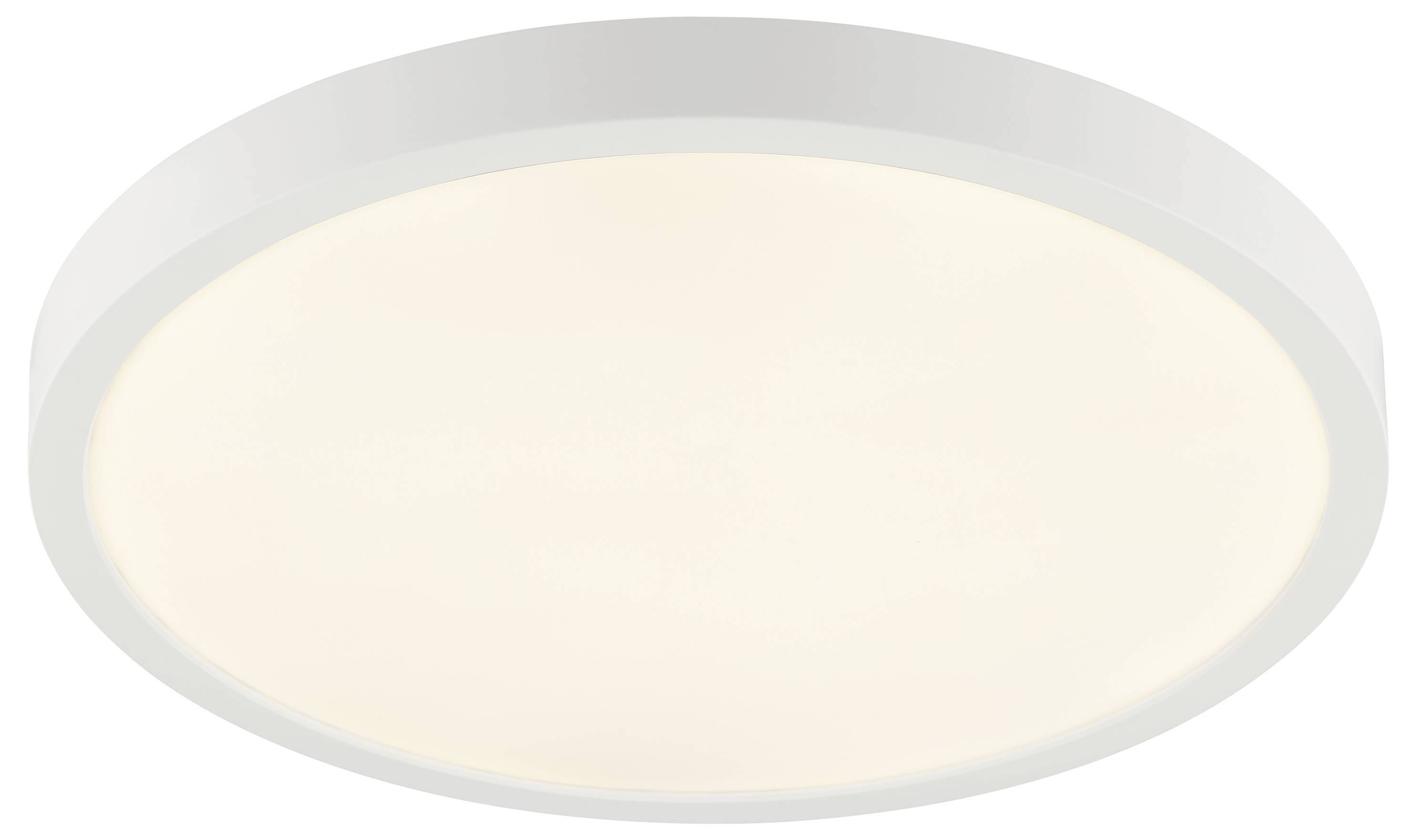 Een cirkelvormige, moderne LED-plafondlamp met een diffuus wit licht.