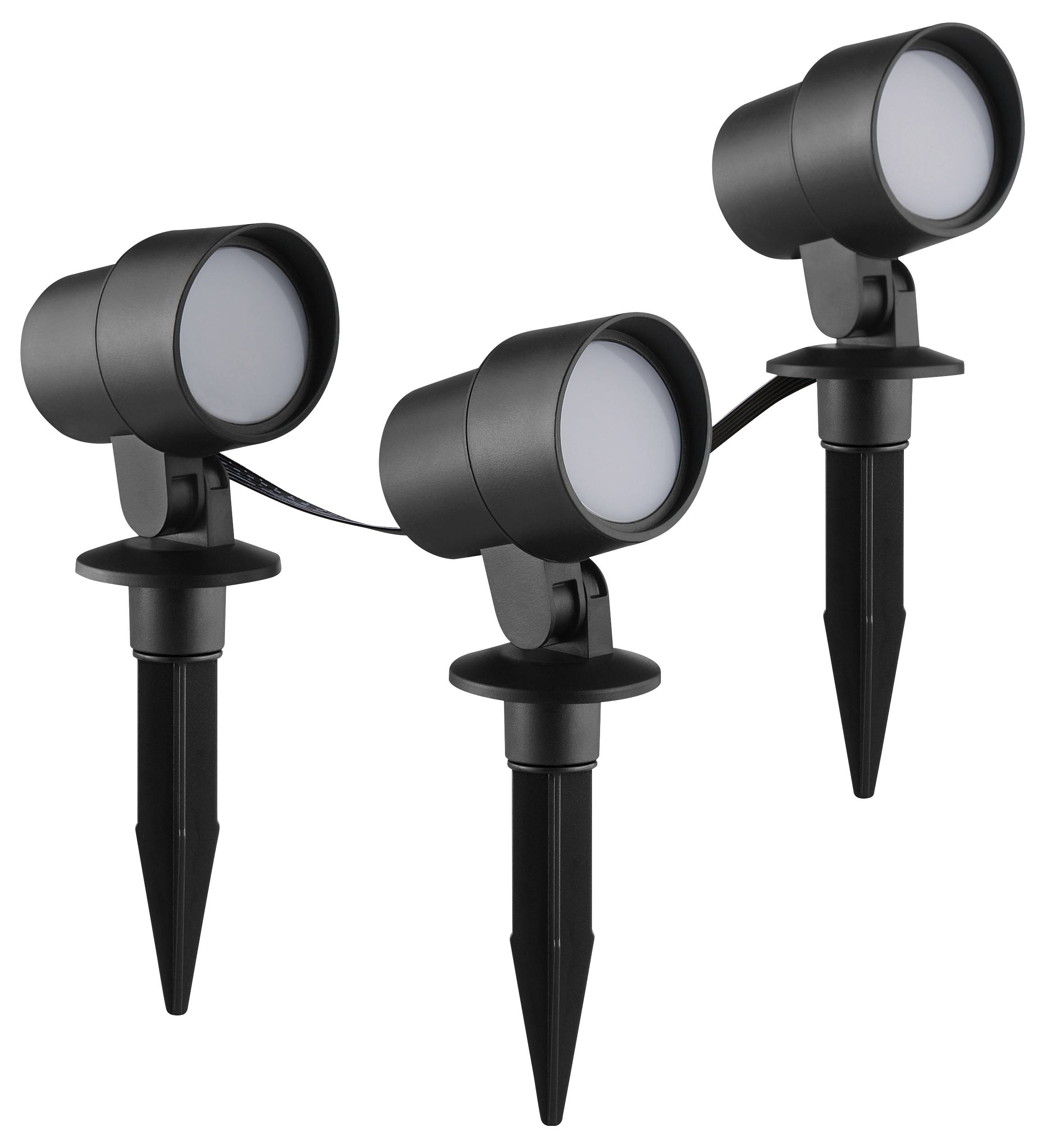 Drie zwarte buitenste LED-schijnwerpers met grondpennen, verbonden door een enkele kabel, ontworpen voor tuin- of landschapsverlichting.