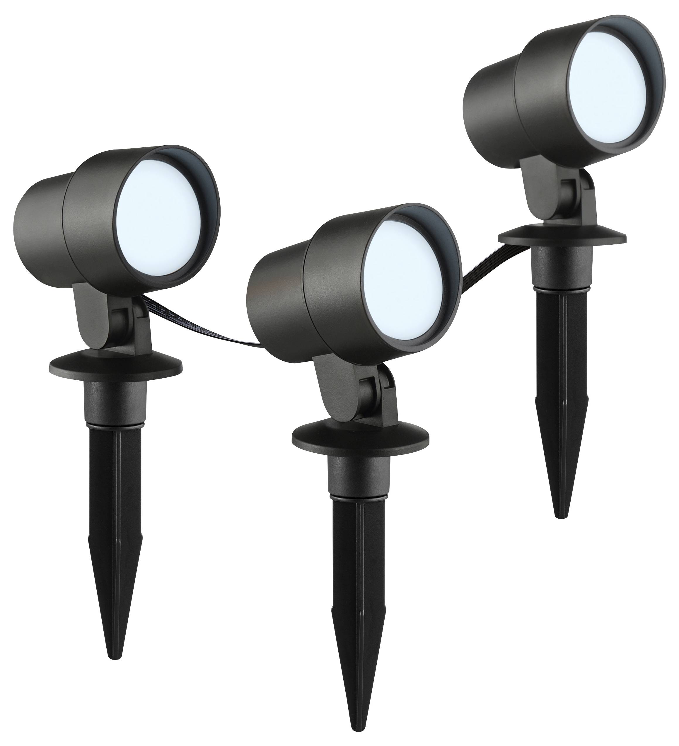 Drie aaneengesloten zwarte buitenspotlights met staafbevestigingen, ontworpen voor tuin- of landschapsverlichting.