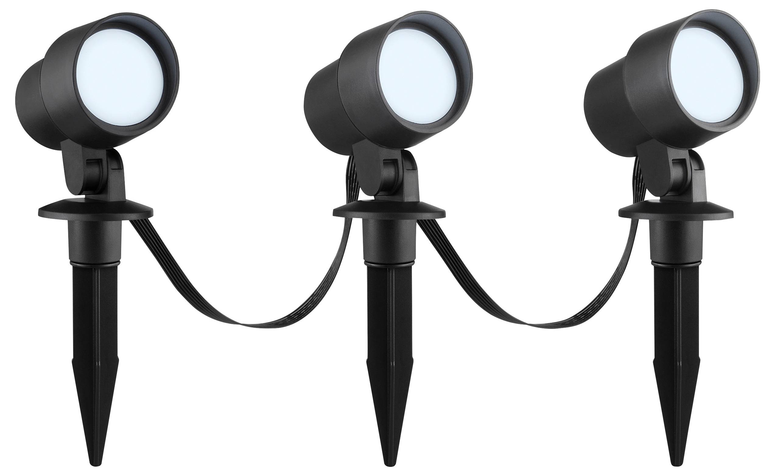 Drie zwarte buitenverlichting met puntige pinnen en een verbindingskabel, ontworpen voor tuin- of padverlichting.