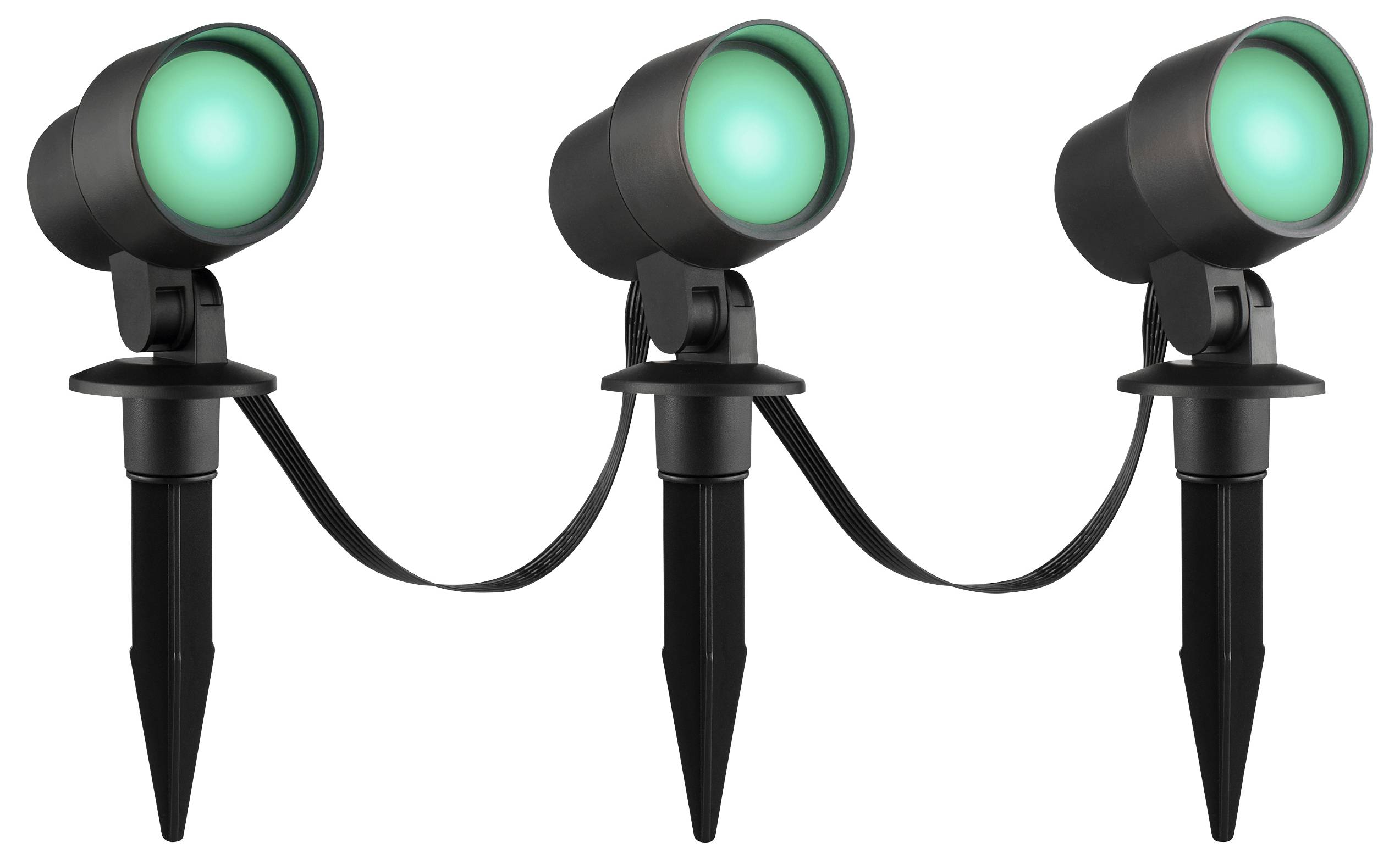 Drie zwarte buitenspotlights met groene verlichting, verbonden door een kabel, ontworpen voor tuin- of landschapsverlichting.
