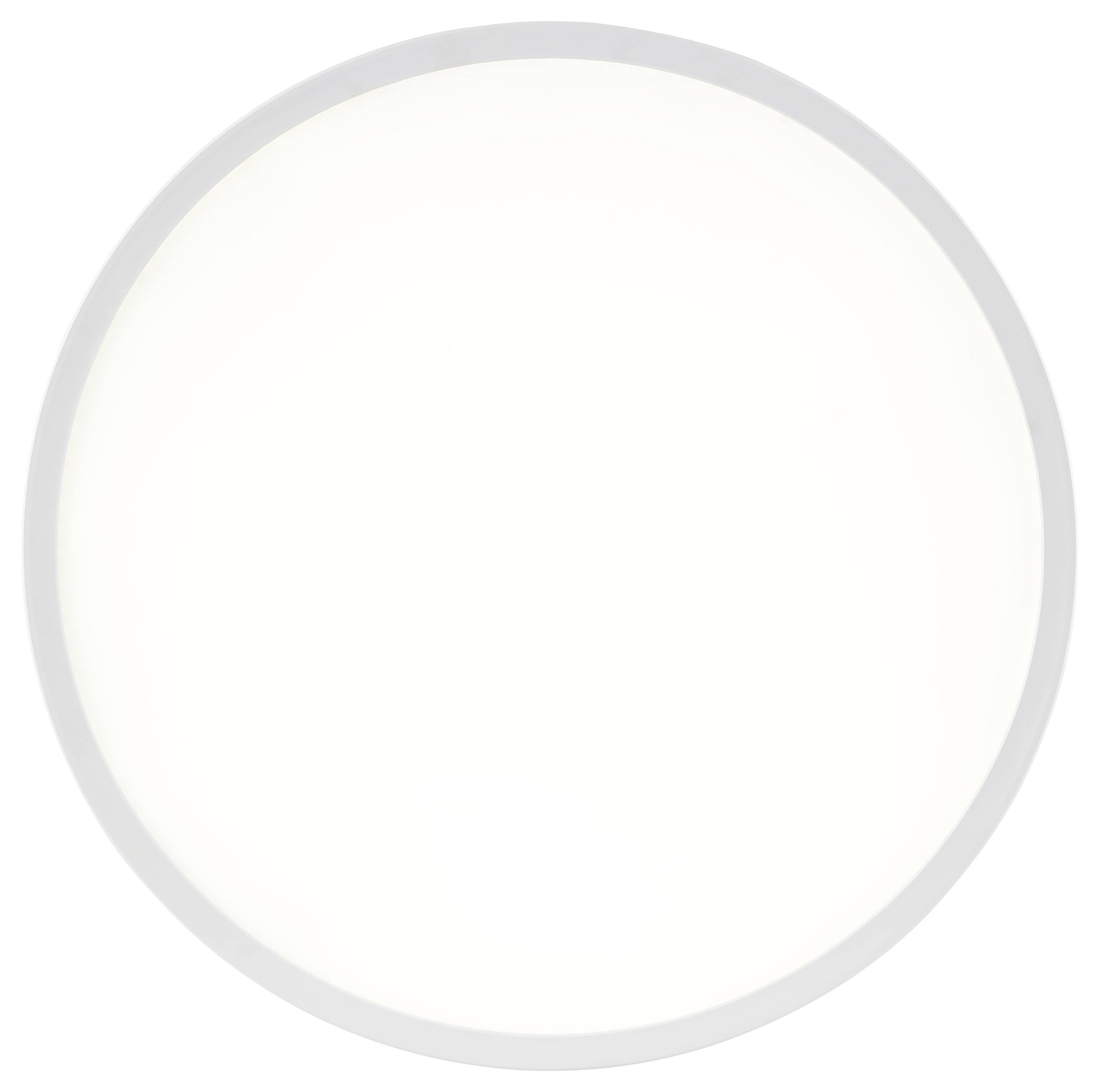 Een witte ronde lichtarmatuur met een grijze rand, bekeken van onderen, die een zacht licht uitstraalt.