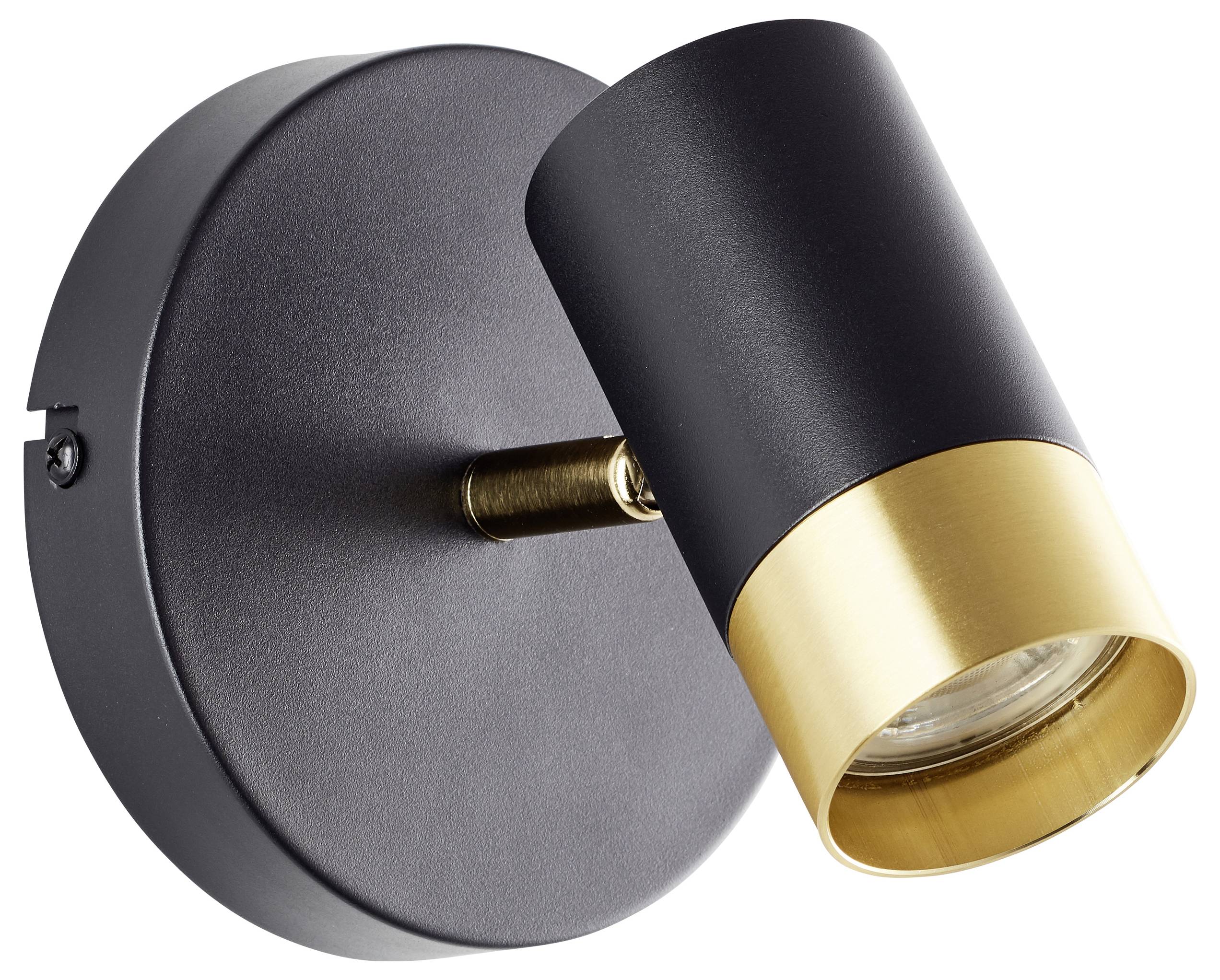 Een zwart en goud verstelbare wandgemonteerde spotlight ontworpen voor accentverlichting.