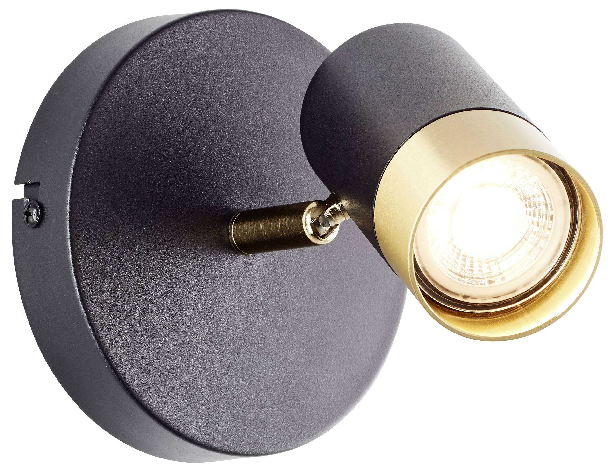 Een moderne wandspotlight met een matte zwarte en gouden afwerking, voorzien van een cilindrische verstelbare kop en een ronde voet.
