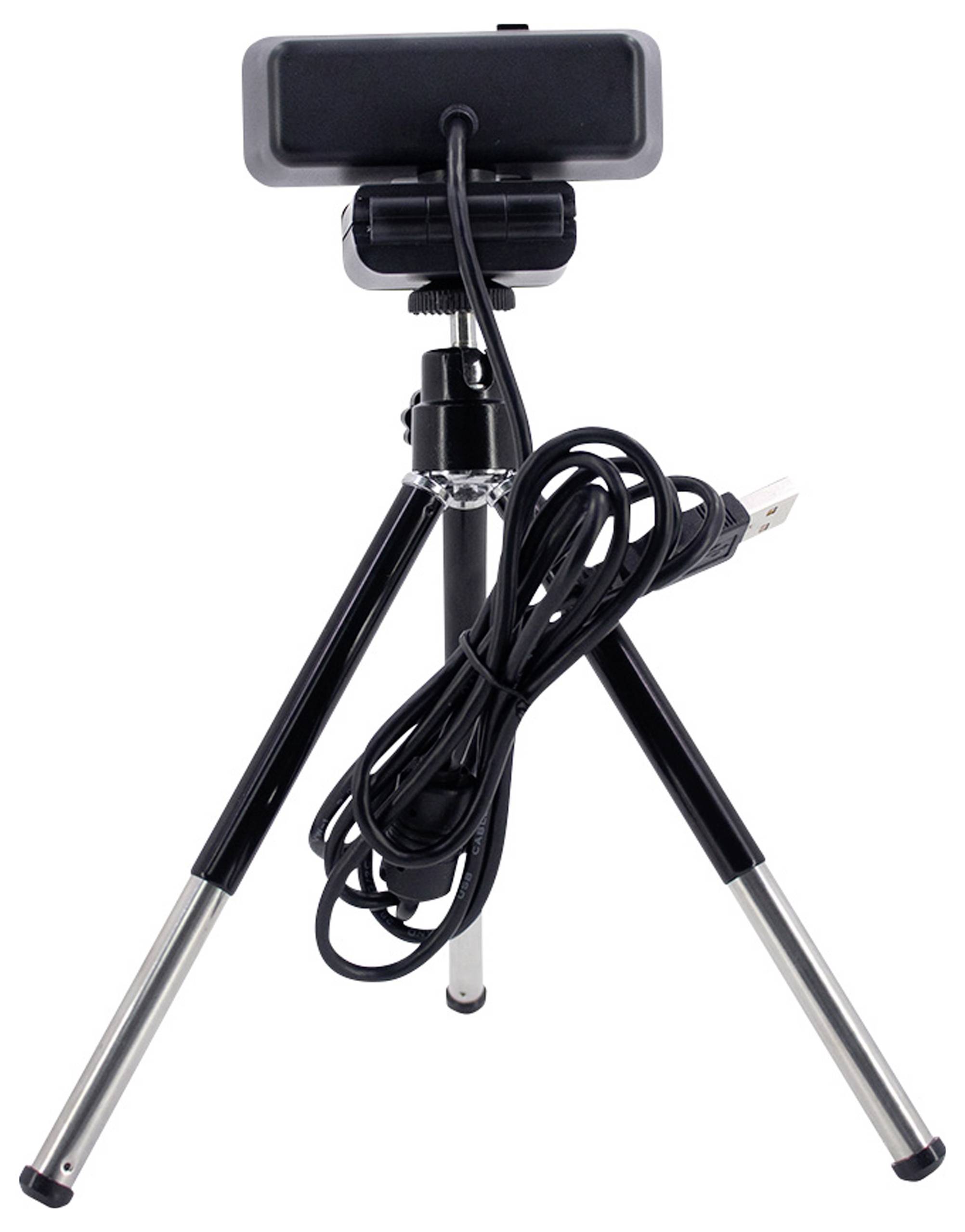 Een klein statief met een webcam erbovenop bevestigd. Een USB-kabel is opgerold rond het midden van het statief.