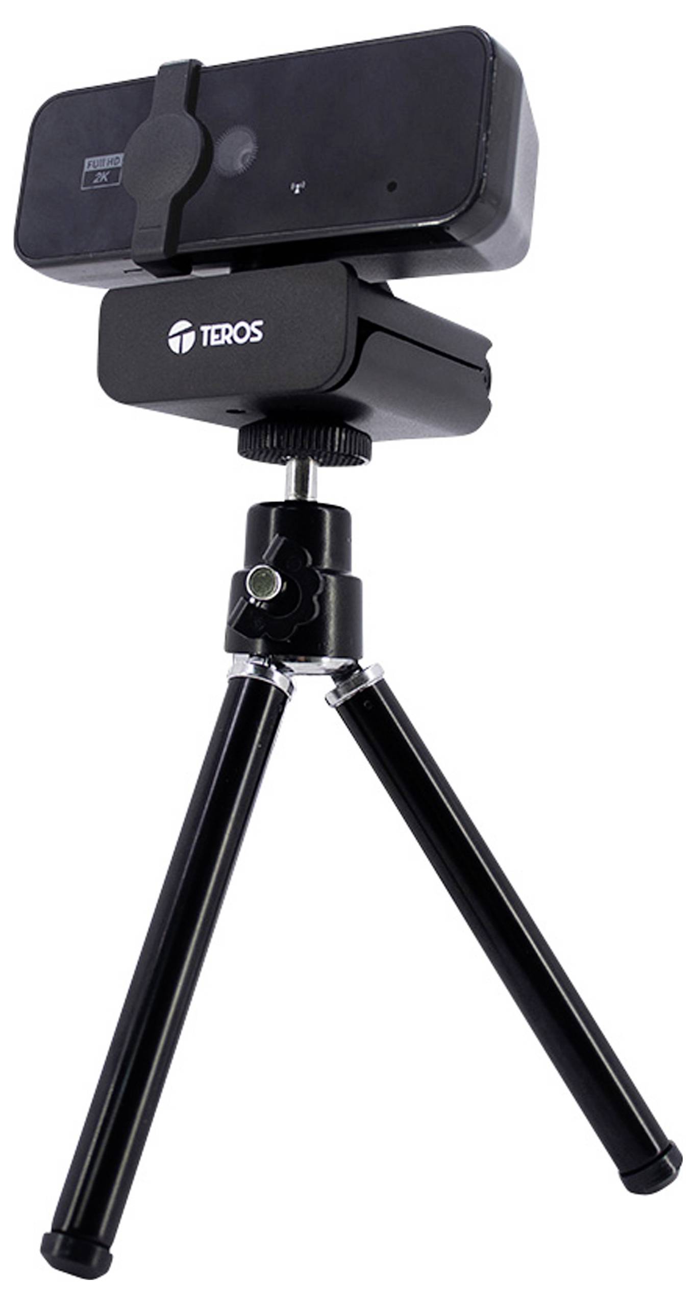 Een zwarte webcam gemonteerd op een compact statief, gebranded met 'Teros', staand op drie uitschuifbare poten voor stabiliteit en verstelbare hoogte.