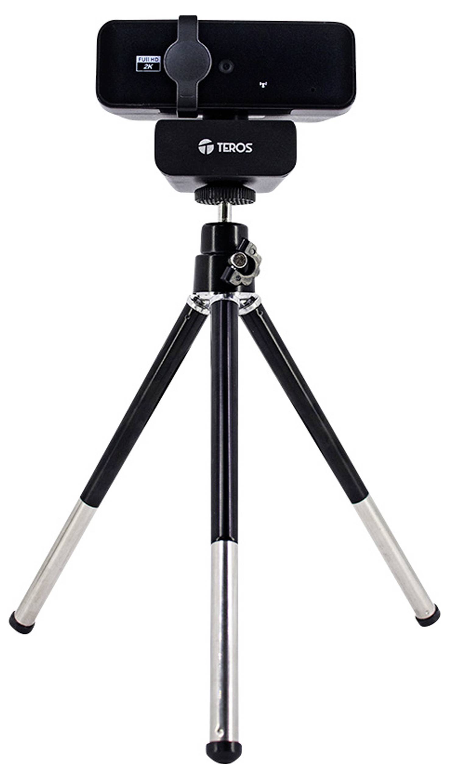 Een zwart en zilver statief met een aangebracht rechthoekig apparaat, mogelijk een camera of sensor, gericht naar voren. Het apparaat is gemerkt met 'Teros'.