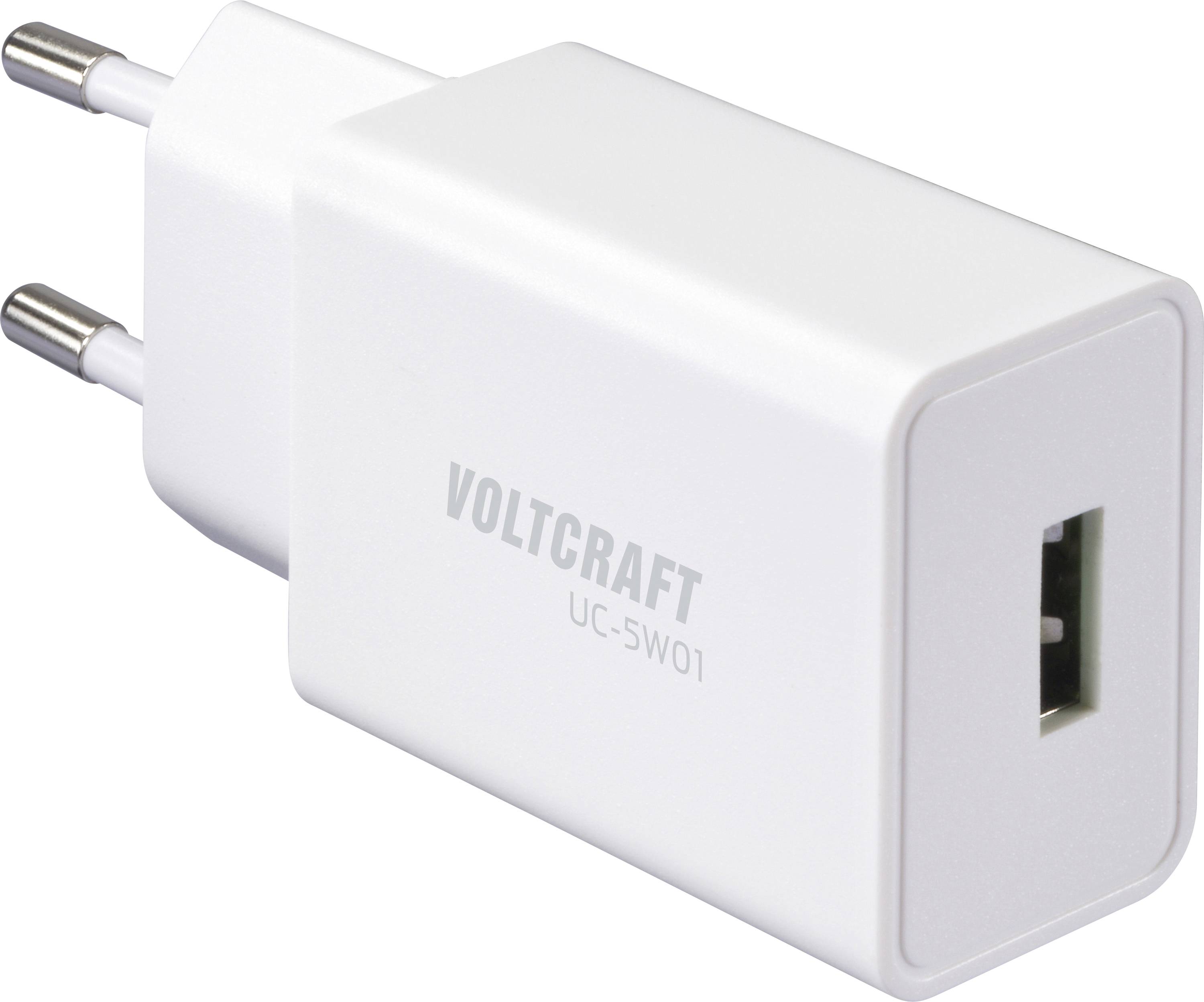 Een witte USB-wandlader met twee pinnen gelabeld 'Voltcraft UC-SW01'.