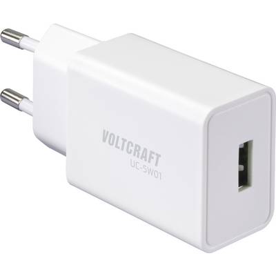 Een witte USB-wandlader met twee pinnen gelabeld 'Voltcraft UC-SW01'.