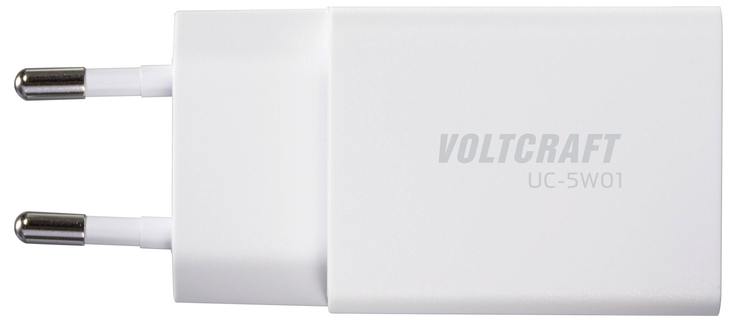Witte elektronische stekkeradapter met twee pennen, gelabeld 'VOLTCRAFT UC-5W01', tegen een witte achtergrond weergegeven.