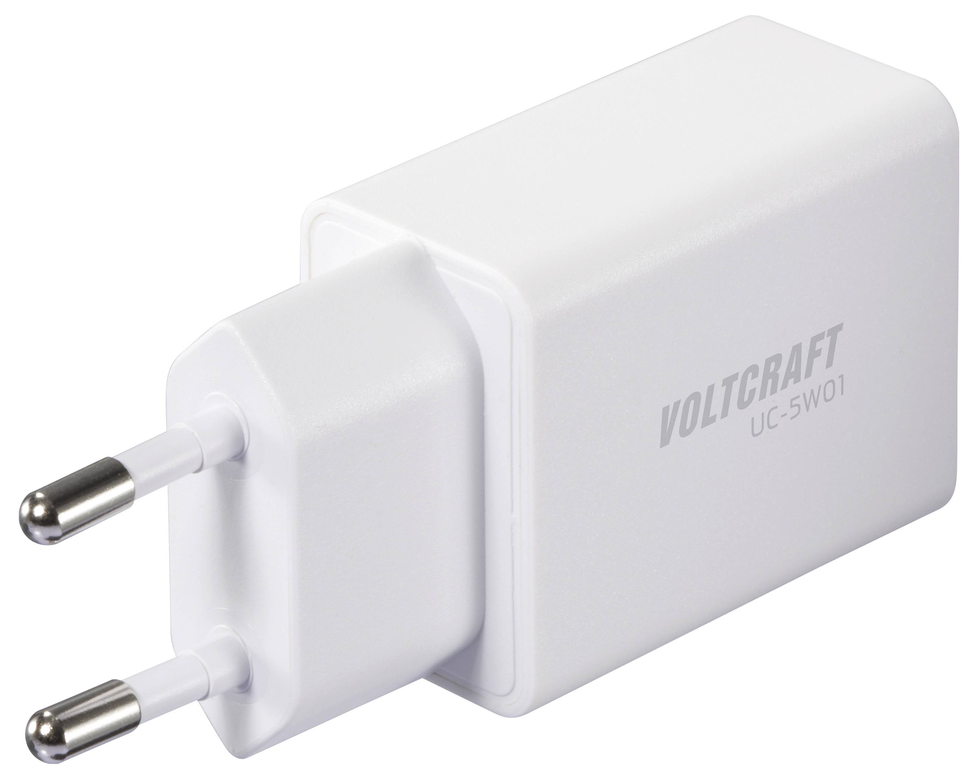 Een witte voedingsadapter met twee ronde metalen pennen gelabeld 'Voltcraft UC-SW01.'