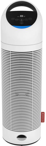 Een hoge, witte luchtzuiveraar met een digitaal bedieningspaneel, uitgerust met aanraakgevoelige knoppen en een rond ventilatierooster aan de onderkant.