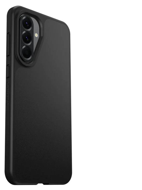Zwart smartphonehoesje weergegeven van achteren, met een verhoogde drievoudige camerasuitsnijding en flitsopening.