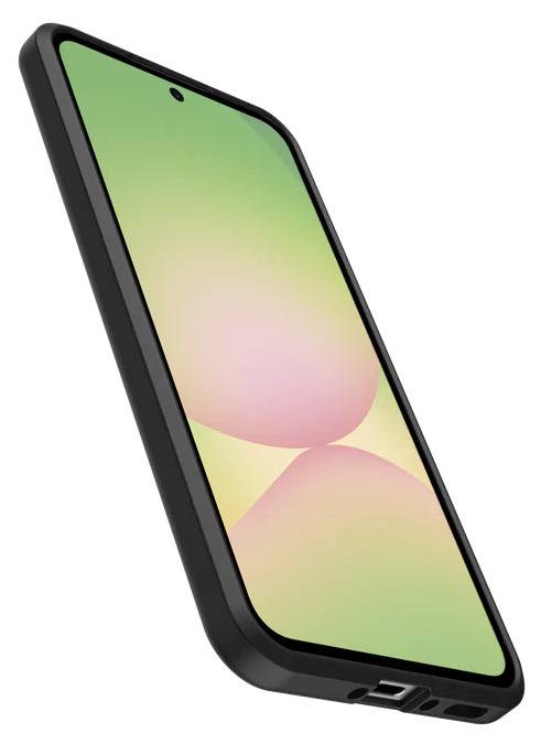 Een smartphone in een zwarte beschermhoes, onder een hoek weergegeven, met een kleurrijk gradiëntscherm op een witte achtergrond.