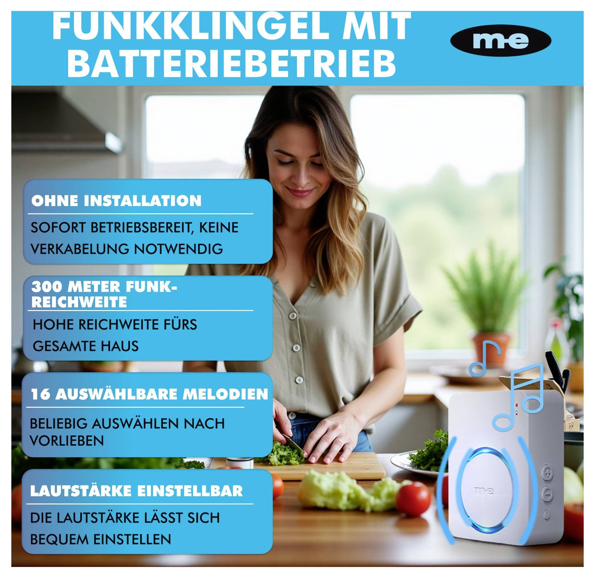 'Een vrouw snijdt komkommers in een keuken. Tekst highlights: draadloze deurbel op batterijen, 300m bereik, 16 melodieën, instelbaar volume.'