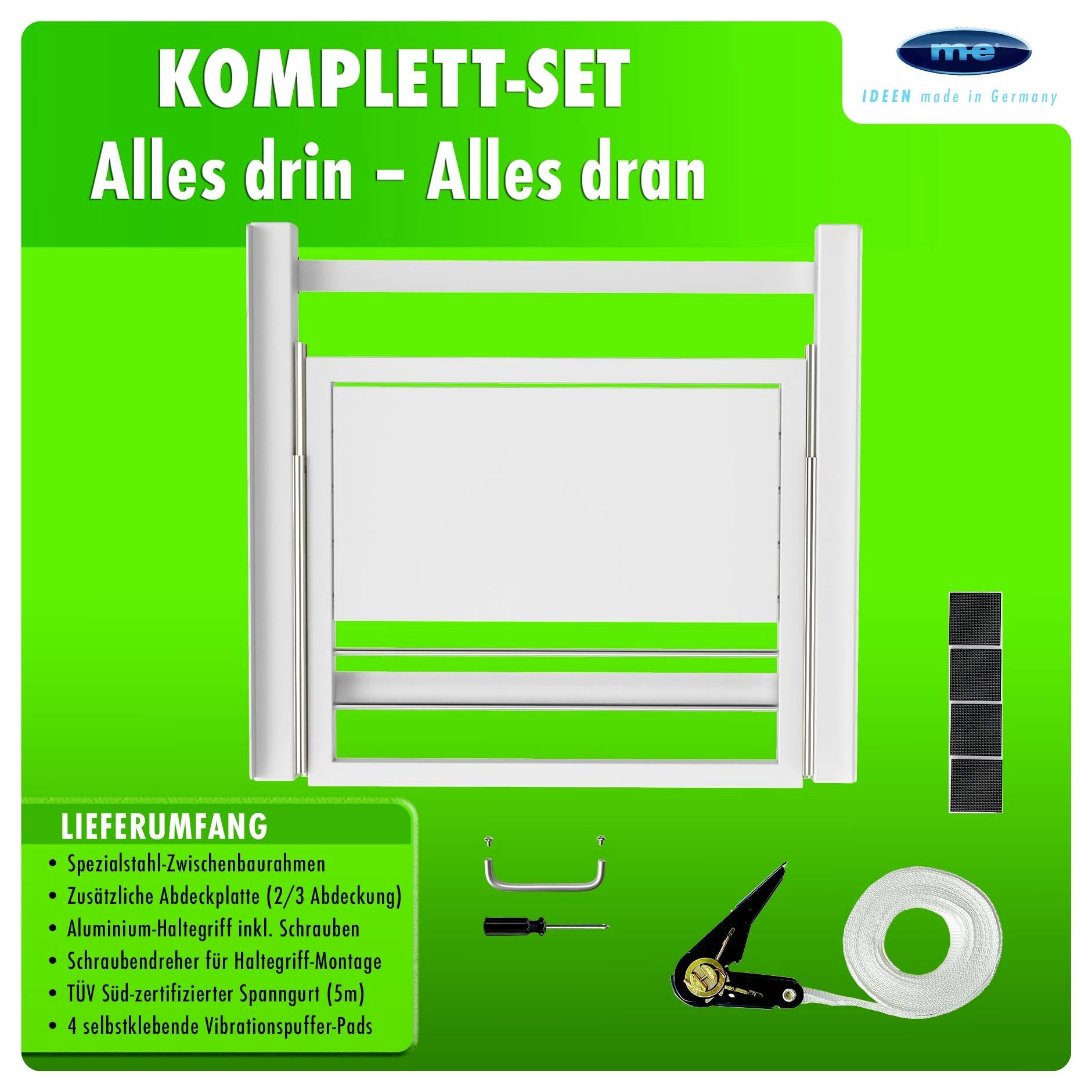 Een wit opvouwbaar frame met installatie-accessoires op een groene achtergrond, gelabeld 'Komplett-Set'. Duitse tekst vermeldt de meegeleverde items.