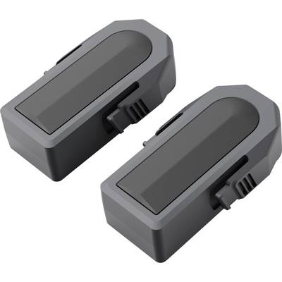 Twee grijze rechthoekige elektronische batterijpakketten met aangesloten connectoren, weergegeven op een witte achtergrond.