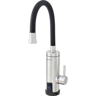 Roestvrijstalen waterdispenser kraan met zwarte zwanenhals uitloop, zijklephandvat en blauwe digitale temperatuuraanduiding die 55 aangeeft.