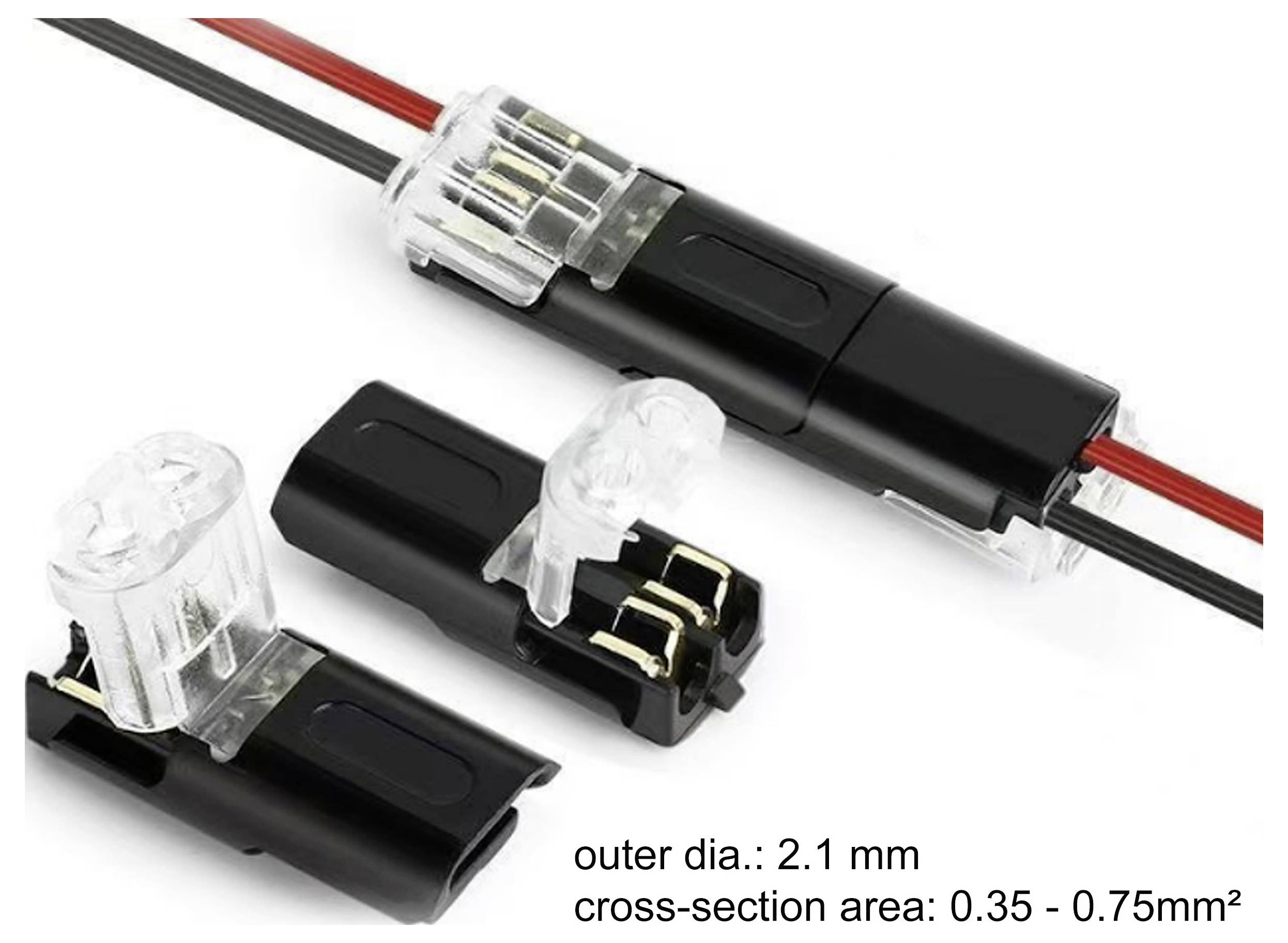 'Elektrische connectoren met zwart en transparant omhulsel, getoond gemonteerd en gedemonteerd. Buitendiameter: 2,1 mm, dwarsdoorsnedeoppervlak: 0,35 - 0,75 mm².'
