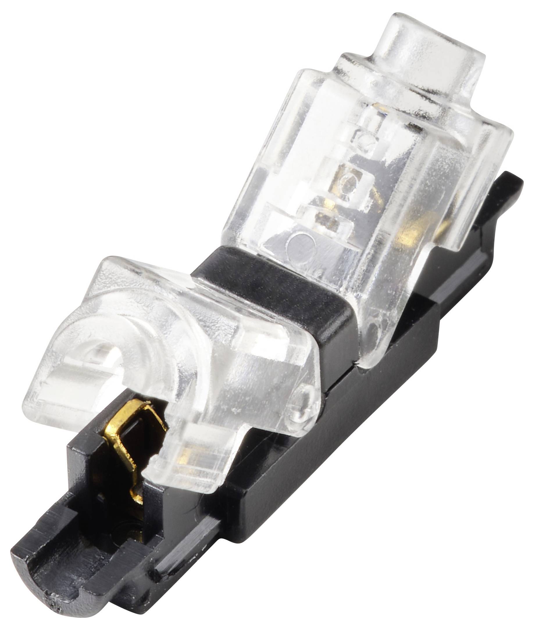 Een heldere en zwarte elektrische connector met een kunststofbehuizing ontworpen om draaduiteinden te beveiligen en met elkaar te verbinden.