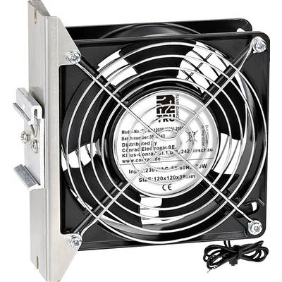 Industriële koelventilator met metalen beschermkorf, gemonteerd op een beugel. Ventilatordetails zijn in zwarte tekst op een zilveren achtergrond afgedrukt.