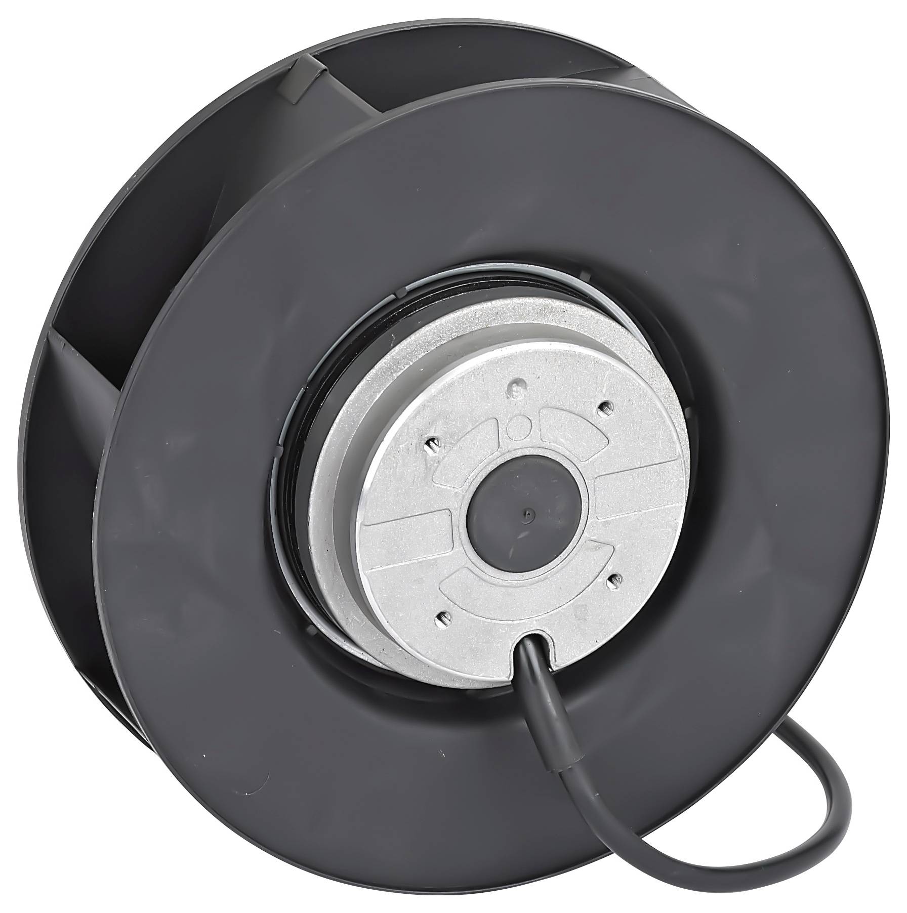 Een zwarte automatische opwindende sluislang op een spoel met een metalen kernstuk en een kabel die ervan uitsteekt, gebruikt voor het efficient organiseren en opbergen van slangenrollen.